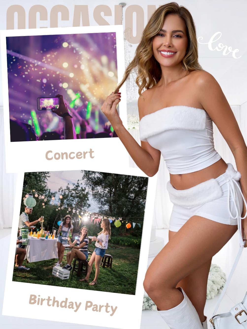 Sexy Outfit for Women Going Out - 2 Piece Faux Fur Tube Top Shorts Set - Y2K Rave Festival Outfits - Image 5