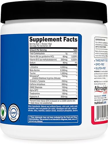 Vista 17 de Nutricost Polvo complejo pre-entrenamiento (30 porciones, frambuesa azul) - Suplemento pre-entrenamiento con beta-alanina, taurina y aminoácidos