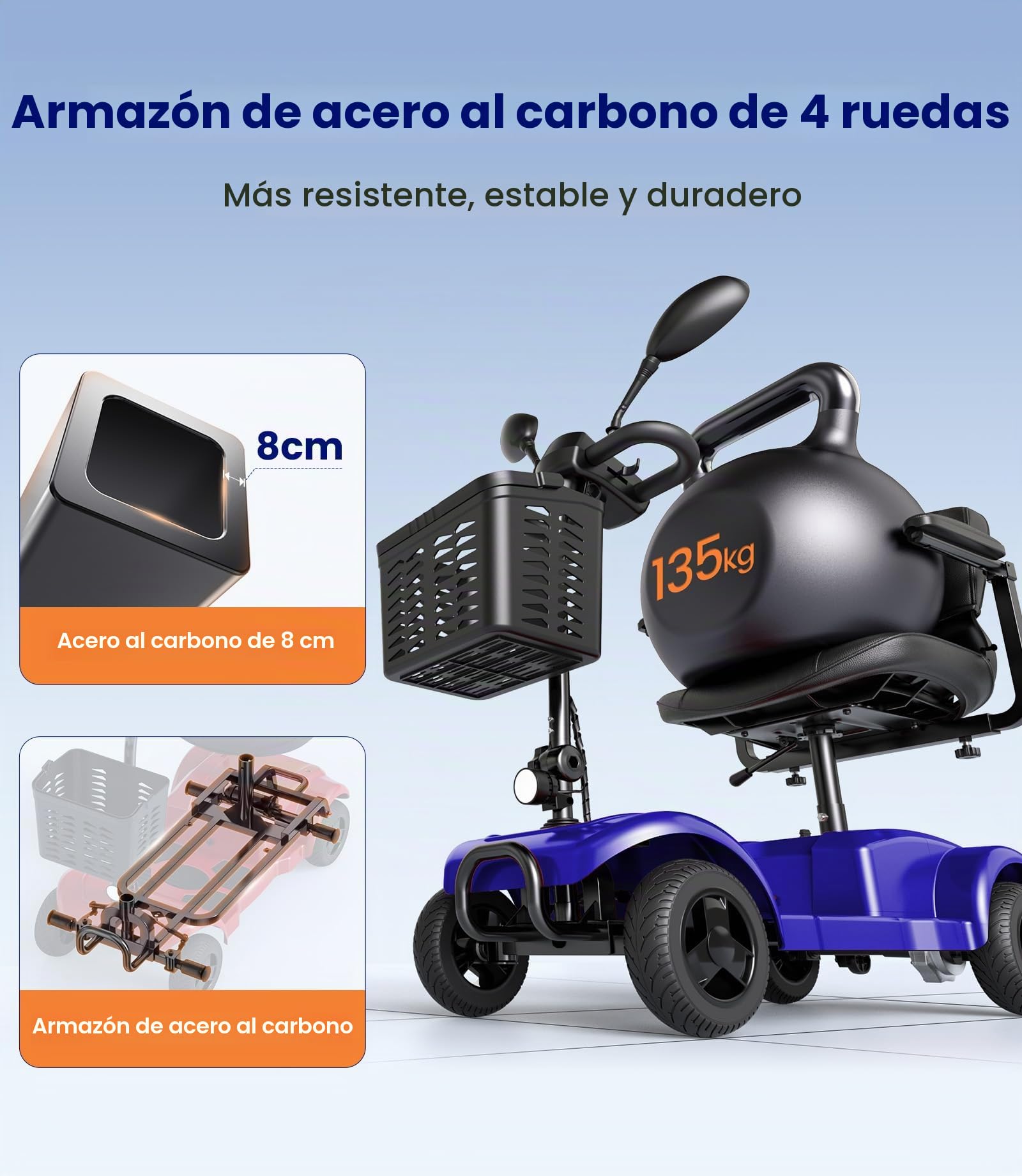 VOCIC D42 Movilidad scooter plegable 135KG, 20KM Scooter de movilidad | 4 ruedas Estable para personas mayores con Neumáticos Antipinchazos para todo terreno,apoyo 5 Años| Azul