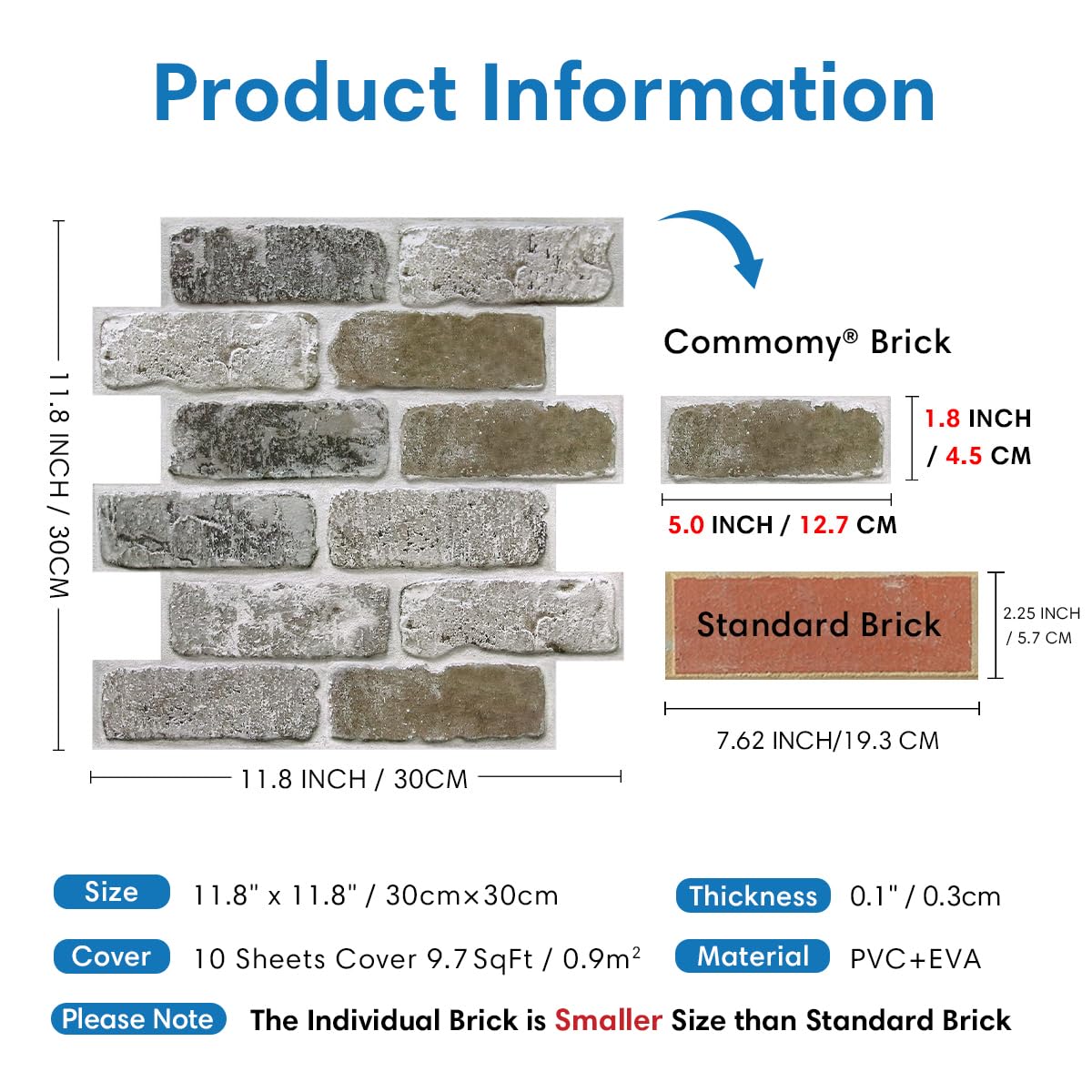 COMSTICKC Panele dekoracyjne na ściany - 10 sztuk 30x30 cm, samoprzylepne panele 3D z efektem cegły, ultralekkie PVC do wnętrz - salon, łazienka, kuchnia (Brązowy szary)