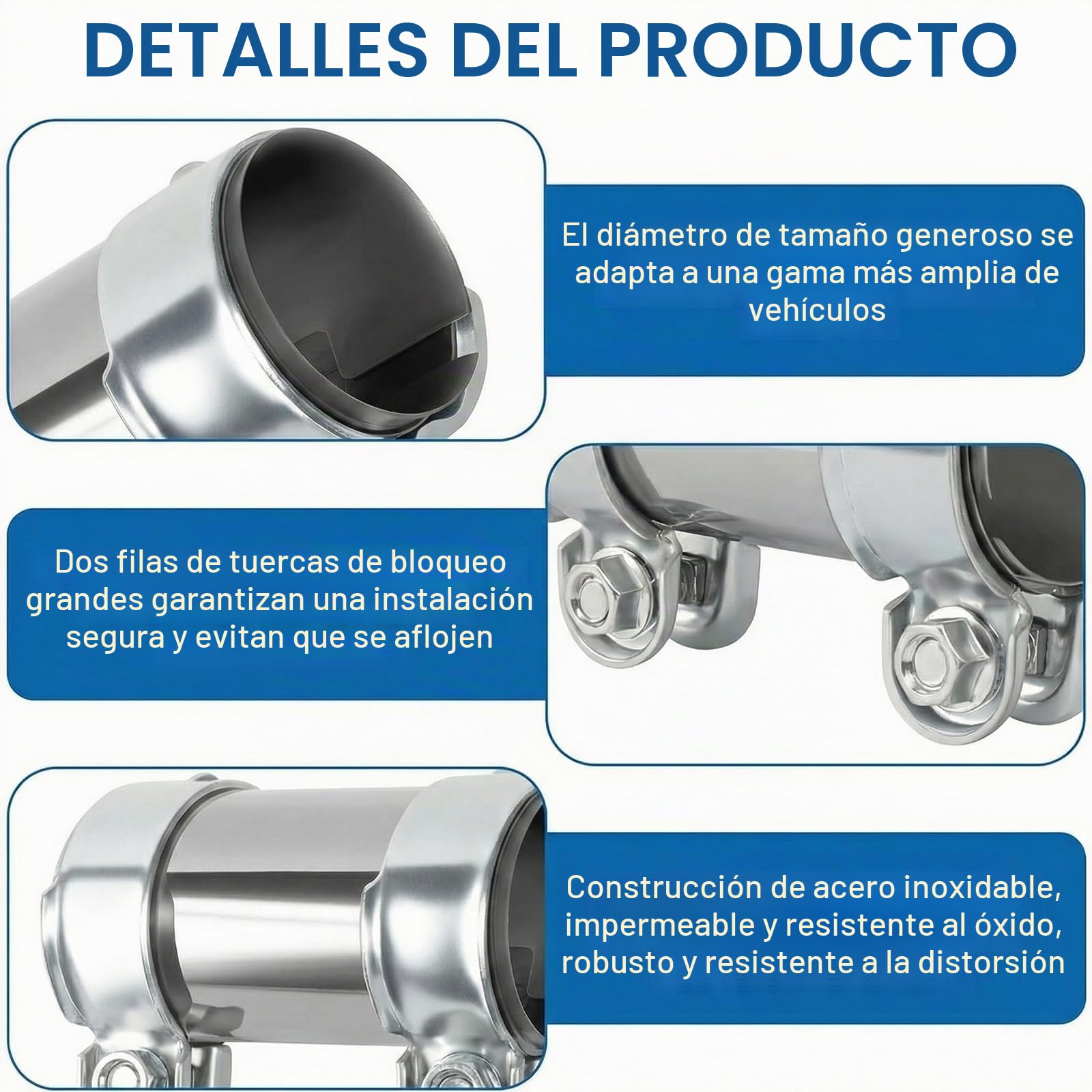 Abrazadera de tubo de escape de acero inoxidable Conector de tubo de 55-125 mm Abrazadera doble de acero tubo prueba de óxido, adecuada para tubos de escape con un diámetro de 55 mm