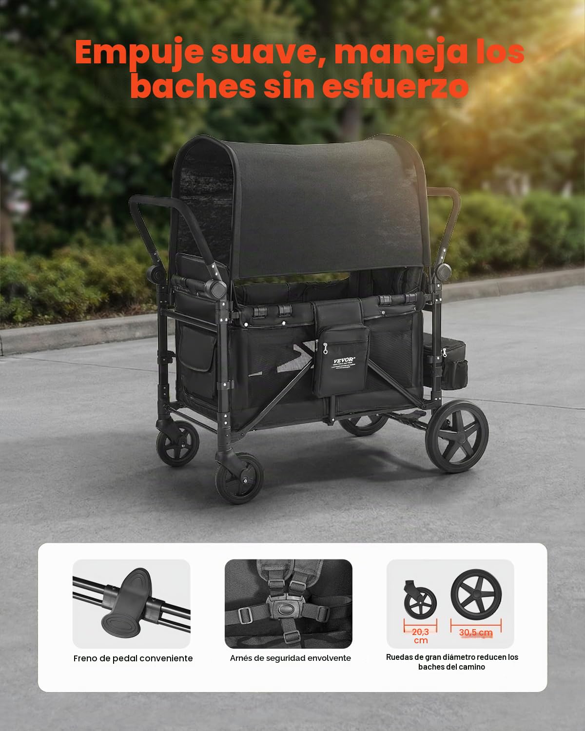 VEVOR Cochecito Plegable para 4 Niños, con Asa Ajustable, Arnés de Seguridad de 5 Puntos y Capota Extraíble, 4 Plazas, para Camping, Negro(Carga de 150 kg), Acero al Carbono, 1650 x 725 x 1250 mm