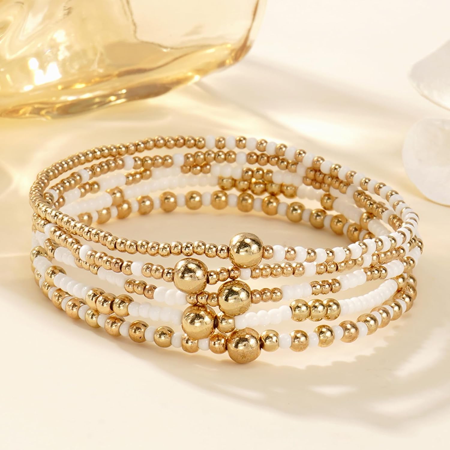 Rainbow White Beads Stack Bracelets for Women, 5Pcs Cute Boho Handmade Gold Beaded Stackable Stretch Bracelet Everyday Fashion Jewelry Gift. - Image 4