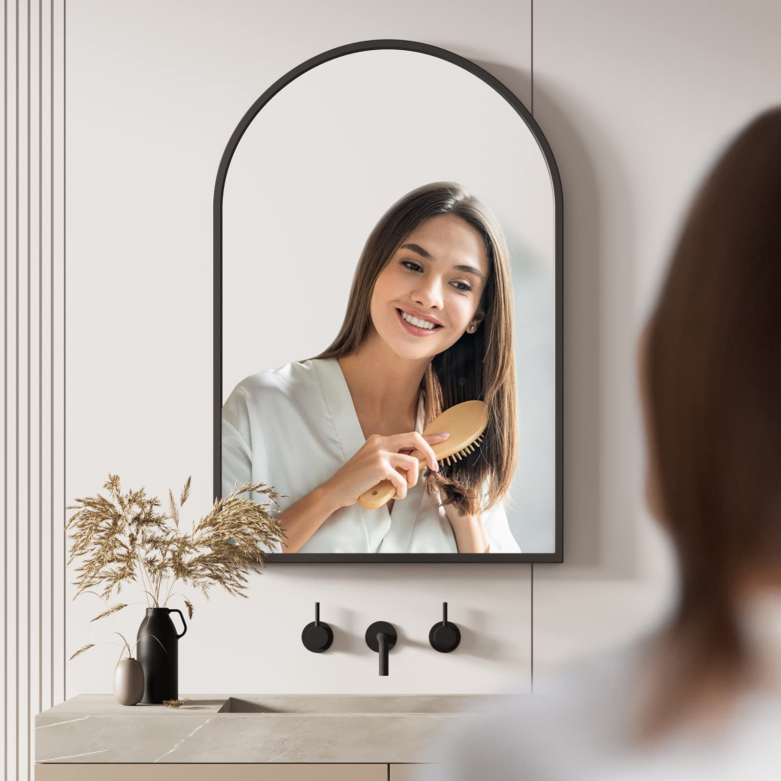 Dripex Specchio da parete Arco 60x90 cm con Metallo in alluminio, HD Bagno Specchi con Immagine Nitida per Trucco Decorativo Soggiorno - infrangibile (Nero)
