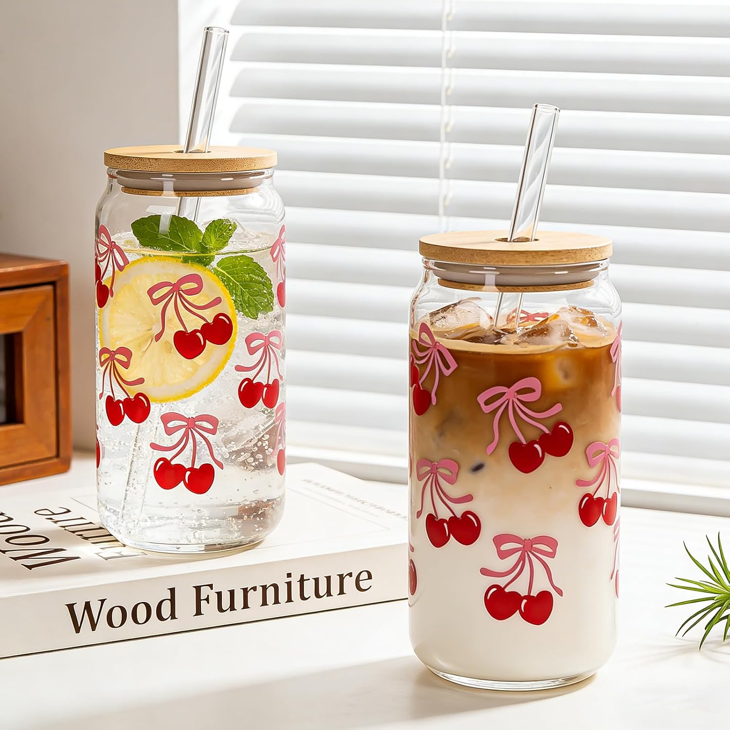 Mason Life Cherries Bows Glass Cups with Lids and Straws, 18OZ Cherry Decor Iced Coffee Cups with Lids, Coquette Cute Glass Cups Drinking, Mother's Day Birthday Gift for Women Her -Set of 4
