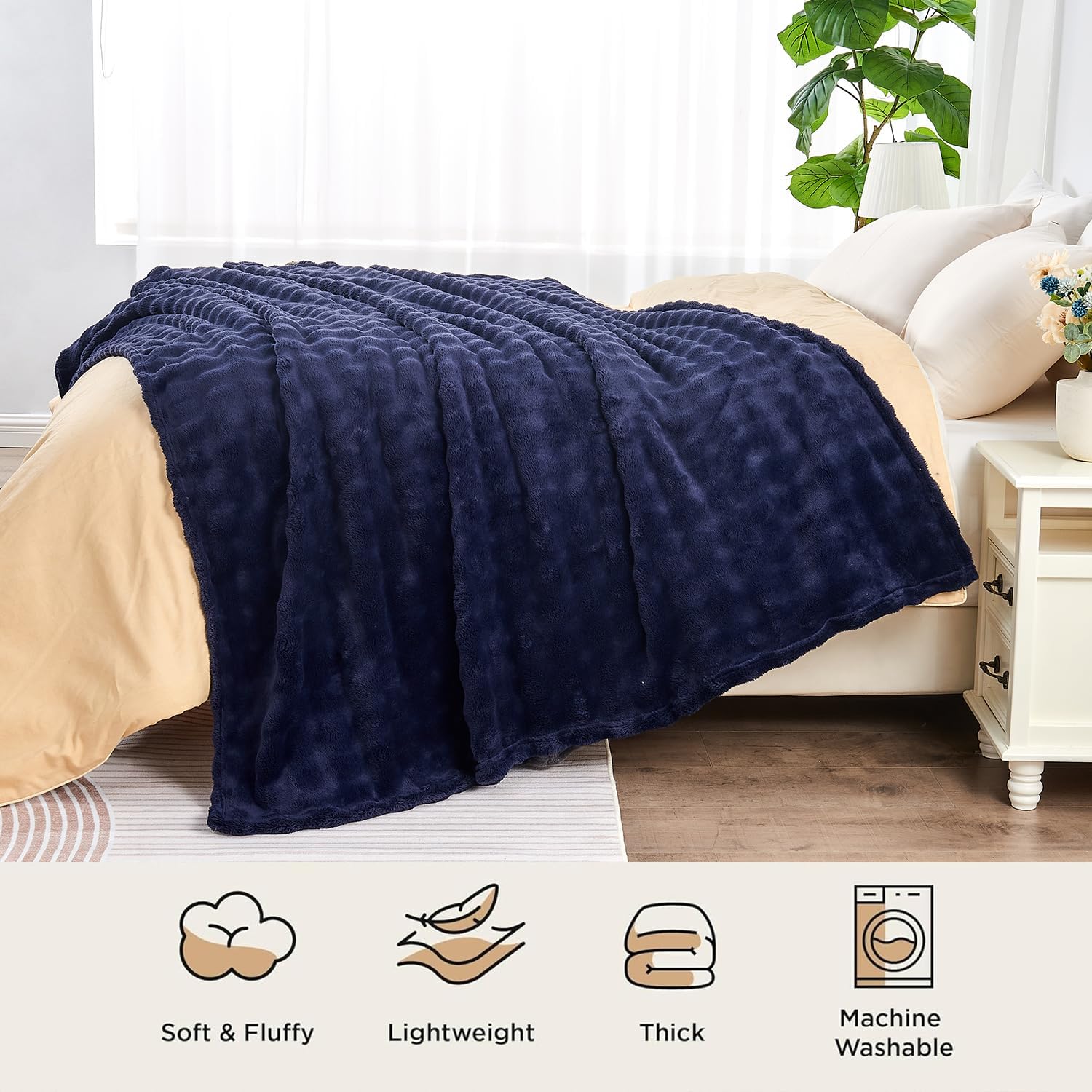 Wajade Soft Fleece Throw Blanket for Couch, 90x106 Inches 3D Bubble Decorative Cozy Fuzzy Flannel Blanket, Lightweight Warm Blanket for Bed Office, Dark Navy