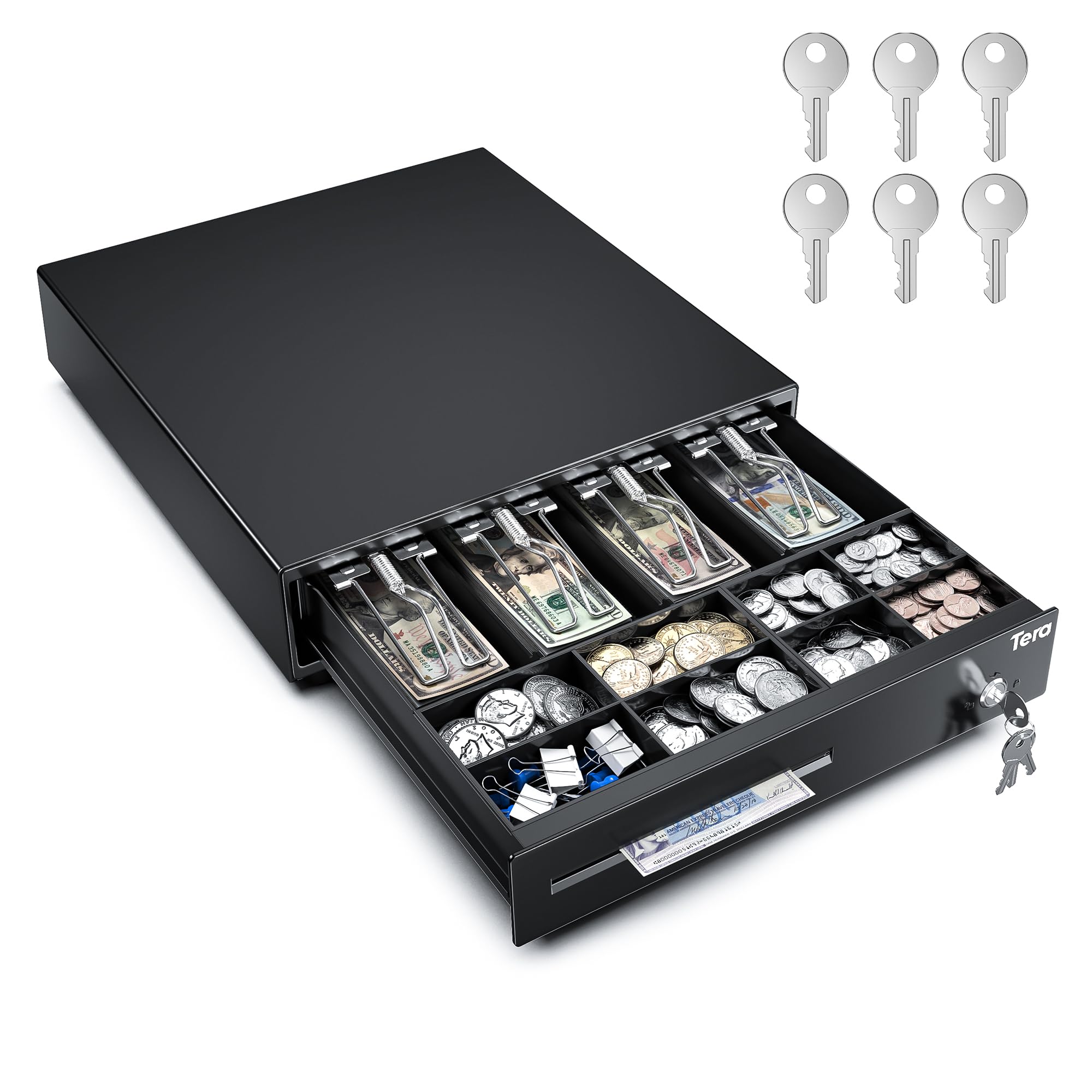 Tera Tiroir de caisse enregistreuse de 33 cm : 5 billets 8 pièces pour système de point de vente, 6 clés, ouverture automatique, compartiment amovible avec fente média 24 V RJ12, plateau à monnaie