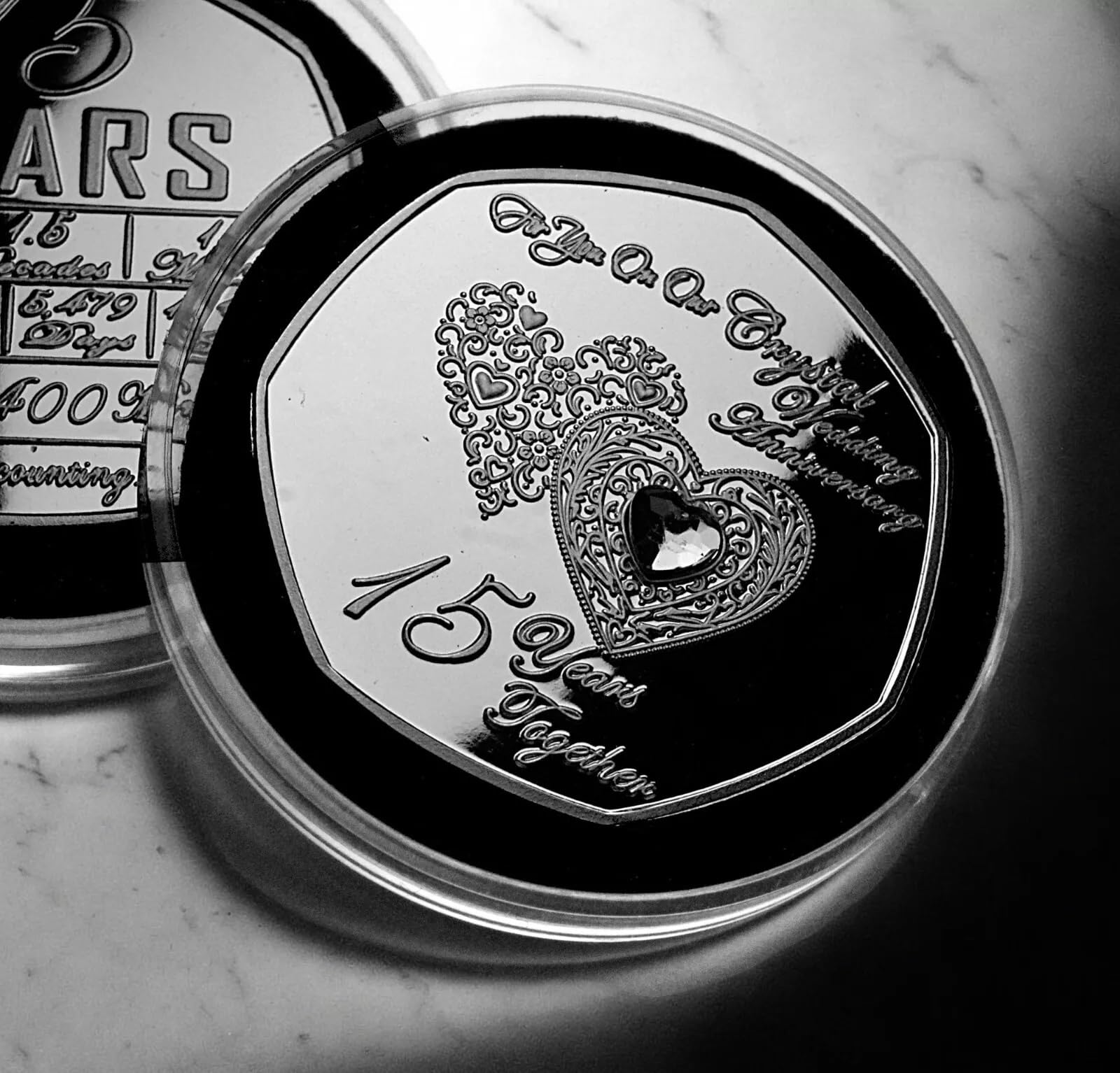 The Commemorative Coin Company ON OUR 15th CRYSTAL WEDDING ANNIVERSARY Silver Commemorative. GEM. In Capsule. Gift/Present Husband/Wife/Partner. Fifteen 15 Years of Marriage.