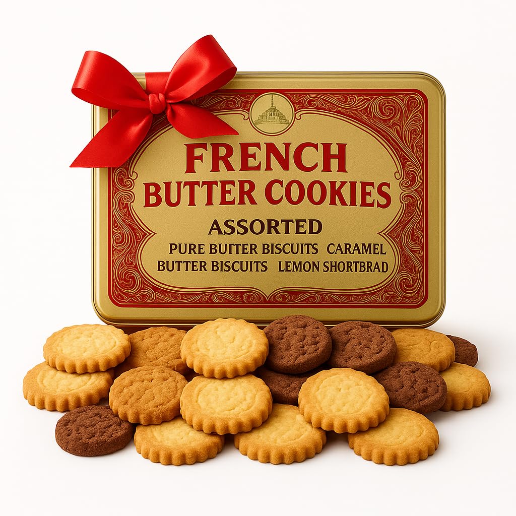 Premium French Butter Cookies Assortment in Gift Tin – Pure Butter, Caramel, Chocolate Shortbread & Lemon Biscuits – Holiday Cookie Gift Box, Gourmet European Treats