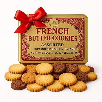 Premium French Butter Cookies Assortment in Gift Tin Pure Butter, Caramel, Chocolate Shortbread & Lemon Biscuits Holiday Cookie Gift Box, Gourmet European Treats