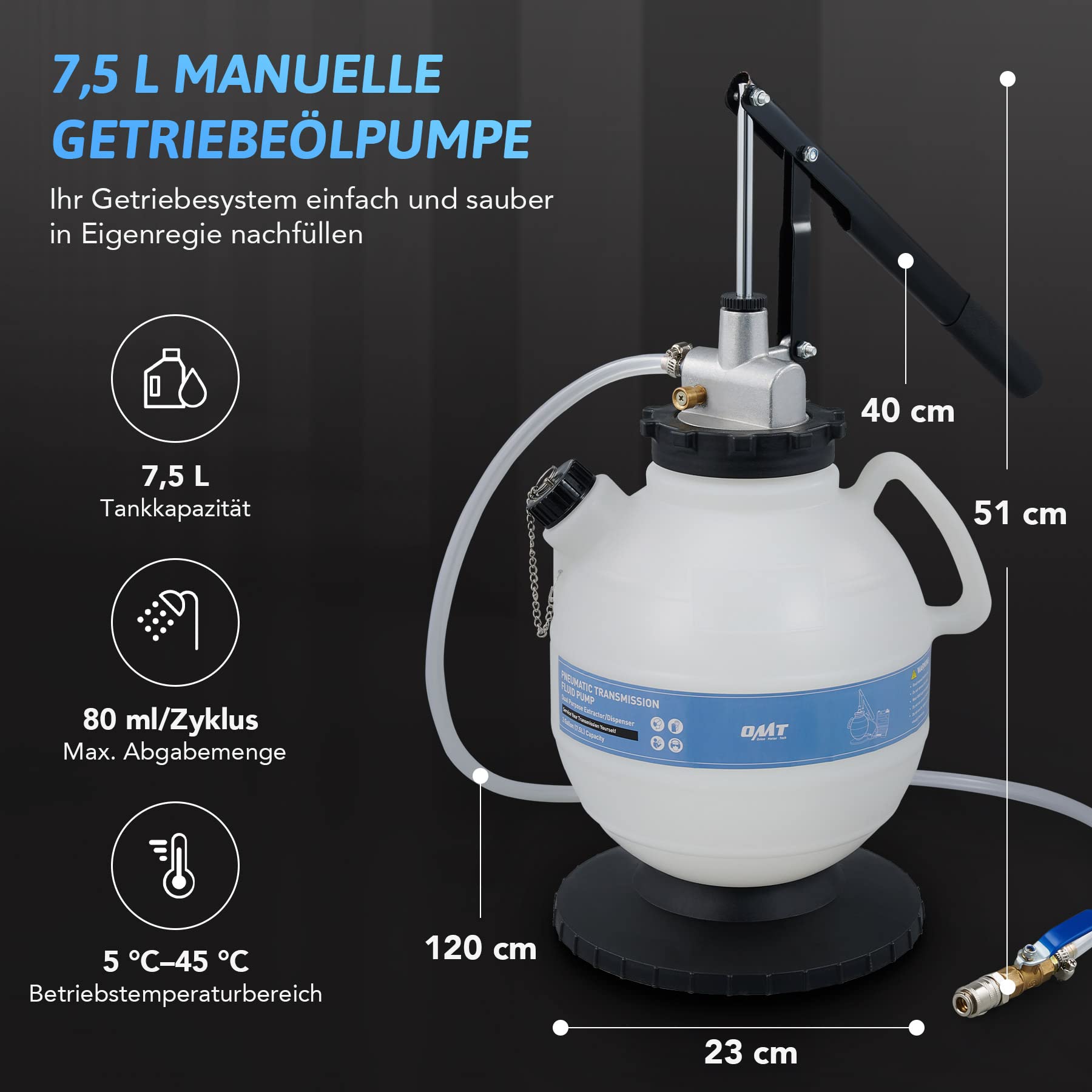 Orion Motor Tech Getriebeöl Einfüllgerät 7,5L Öleinfüllgerät Getriebeöl Pumpe Ölabsauger Automatikgetriebeöl Ölwechsel Set Getriebeöl Einfüllgerät Befüllgerät Öl Einfüllen mit 15 ATF Adaptern
