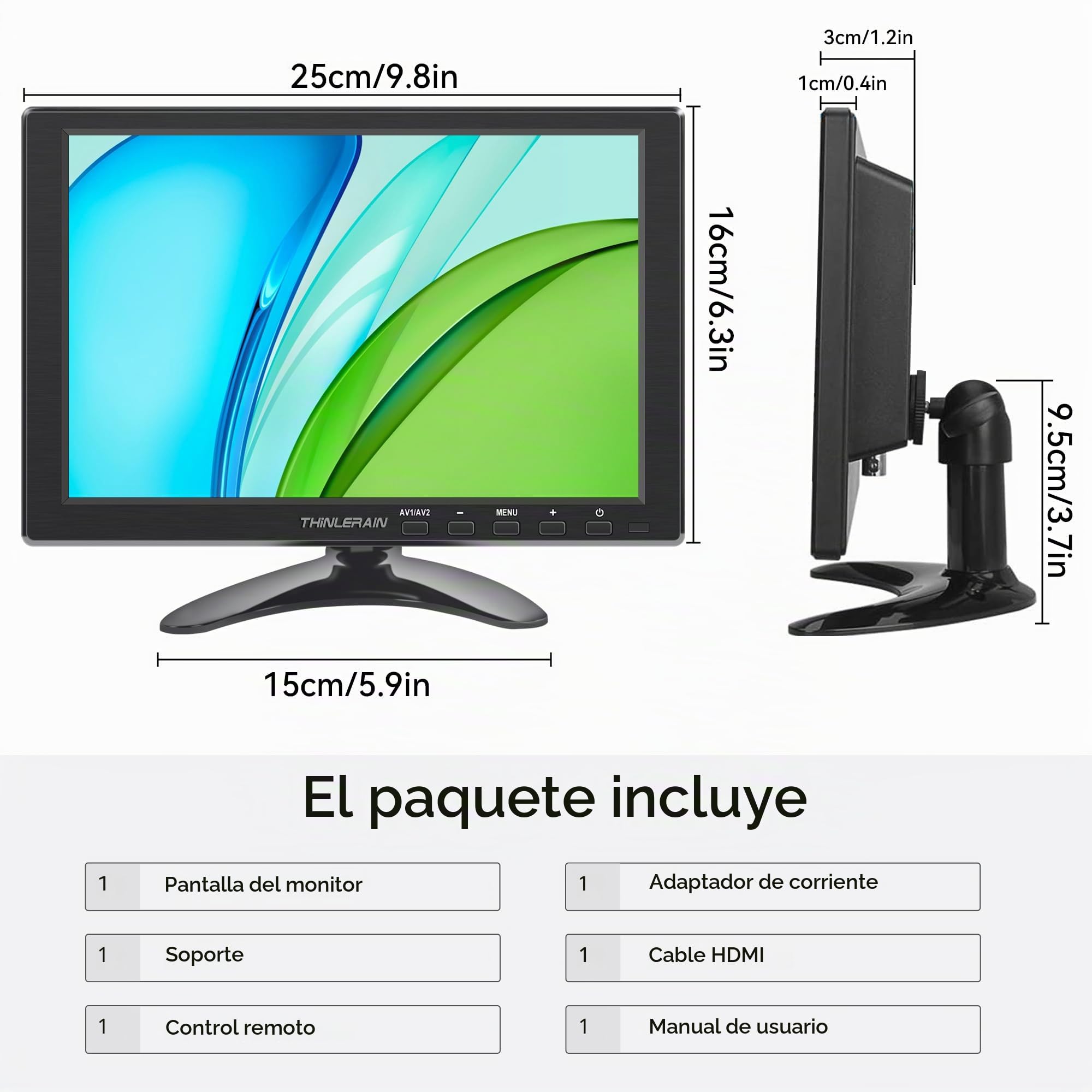 10,1 Pulgadas Monitor 1280 x 800 IPS 16:10 Pantalla LED Pequeña Monitor con HDMI/VGA/BNC/AV/Terminal/VESA/Compatible con PC PS3 PS4 Raspberry Pi Windows 7/8/10 CCTV Cámara