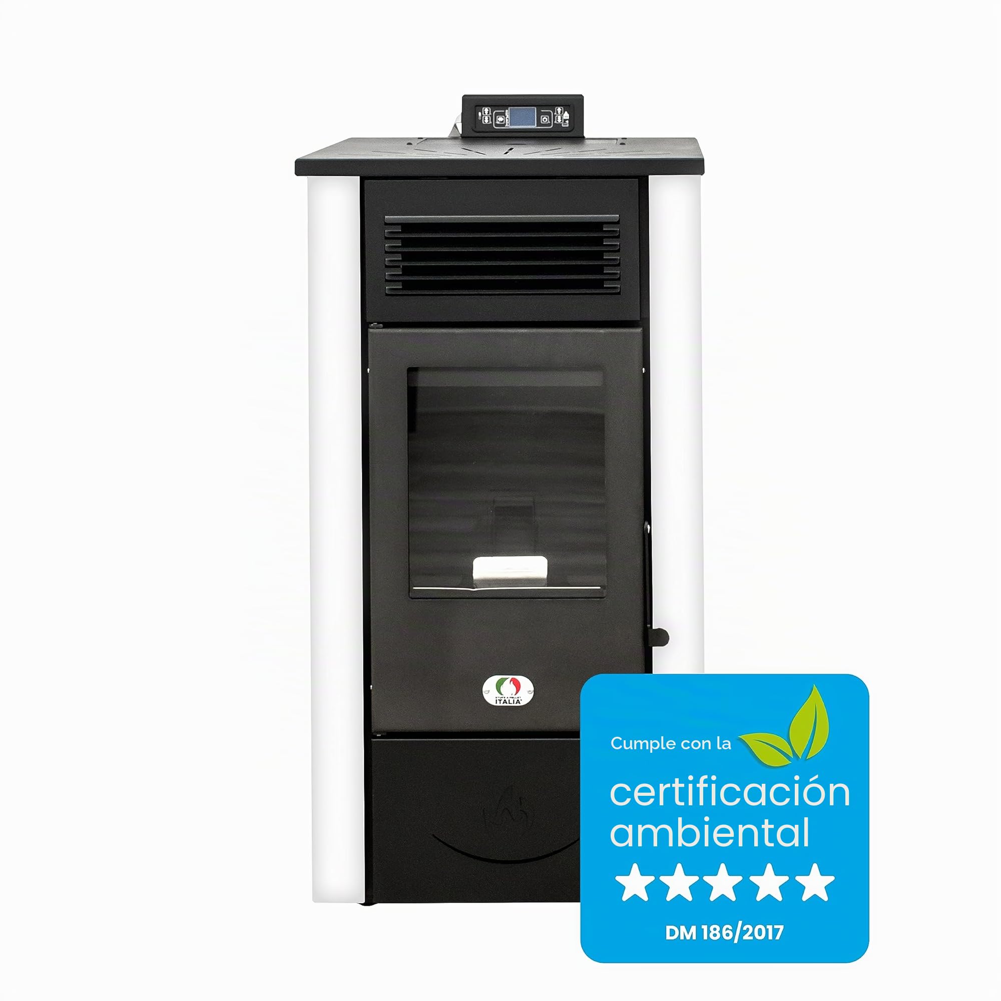 STUFE A PELLET ITALIA Canadá 12 KW Canalizado 5 estrellas – Estufa de aire ventilada – Eficacia 91% Calentadores 120 m² Autonomía 15 H programable 5 velocidades y potencias – Garantía de 24 meses