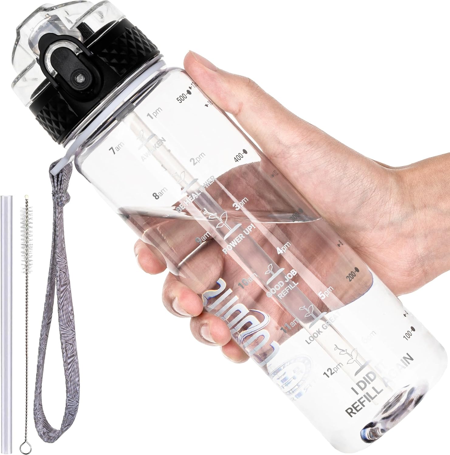 GOPPUS Clear Water Bottles with Straw,Sports Water Bottles With Time Markings, Fruit Filter,Leak Proof Kids Water Bottle, BPA Free Motivational Bottle for hiking biking(17oz Clear)