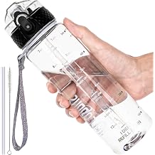 GOPPUS Clear Water Bottles with Straw,Sports Water Bottles With Time Markings, Fruit Filter,Leak Proof Kids Water Bottle, BPA Free Motivational Bottle for hiking biking17oz Clear