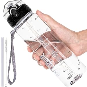 GOPPUS Clear Water Bottles with Straw Sports Water Bottles With Time Markings Fruit Filter Leak Proof Kids Water