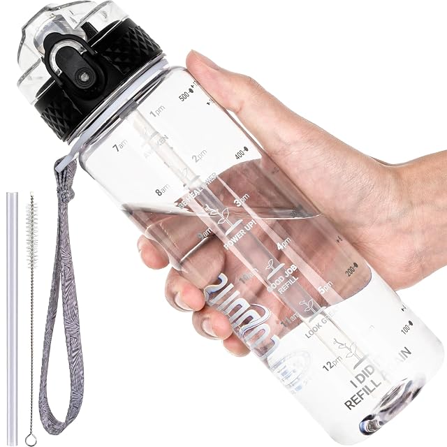 GOPPUS Clear Water Bottles with Straw Sports Water Bottles With Time Markings Fruit Filter Leak Proof Kids Water