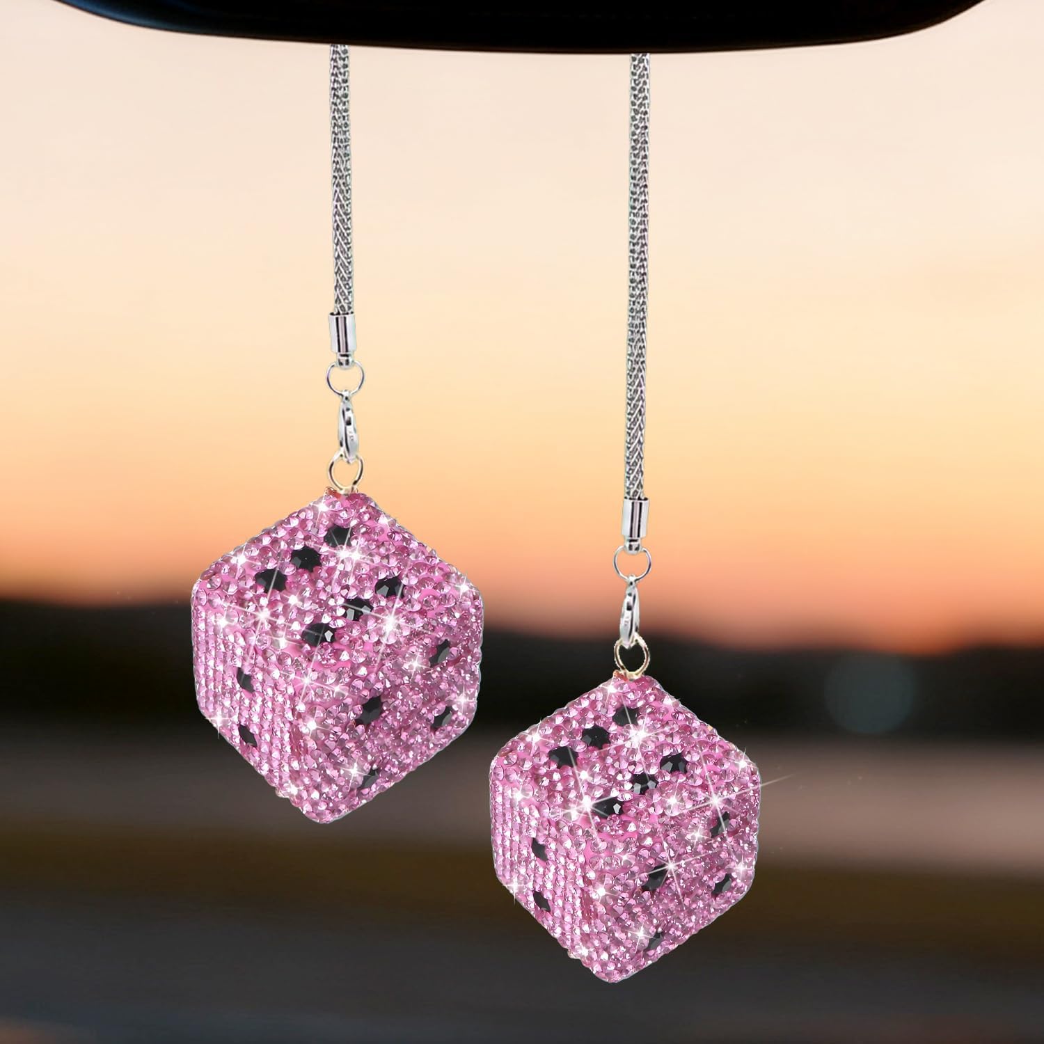 Pink Bling Crystal Double Dice for Car Rear View Mirror, Sparkly Dice Hanging Ornament, Interior Accessory Stylish Car Charms for Glitzy Decoration