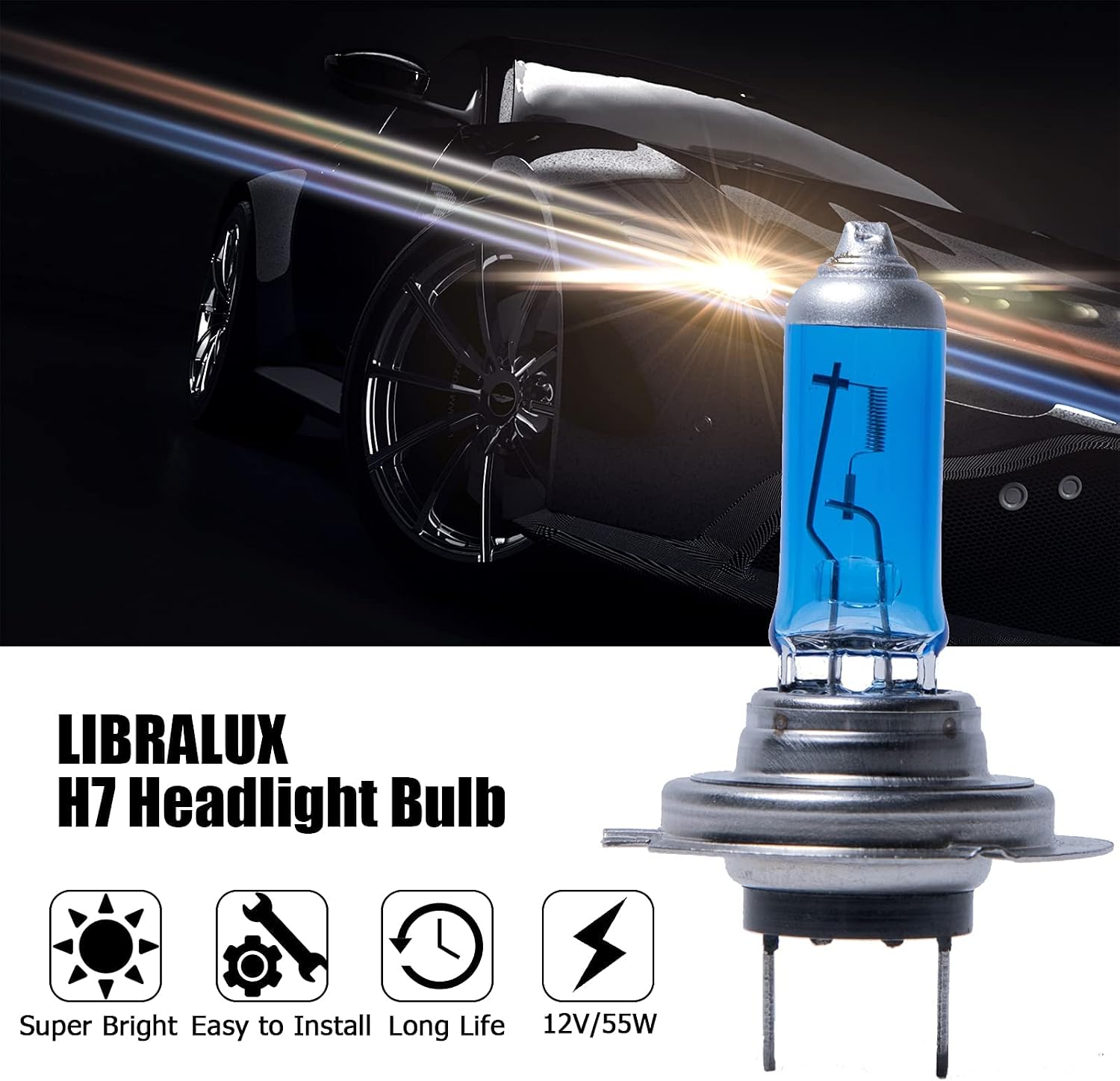 LIBRALUX 4 Pack H7 Halogen Headlight Bulb 12V/55W 5000K White Light Long Life