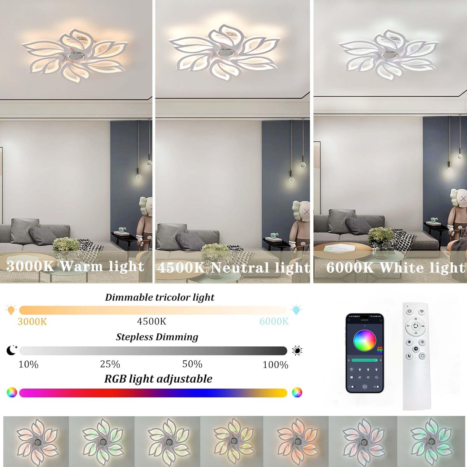 Lampara Techo RGB Moderna con Altavoz Regulable 3000k a 6000k Modo Memoria Ceiling Light Control Remoto Mediante APP Adecuada Para Dormitorios Habitaciones Infantiles y Salas Estar, Blanco