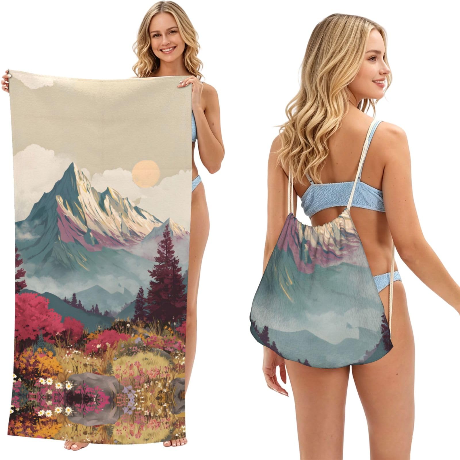 ESNAIUVCD Mountain Print Beach Towel For Adults,Towel With Drawstring Bag, Travel Pool Swimming Sports Shower Sand Free Quick Dry Bath Towel For Pool, Beach, Yoga- 180x60cm