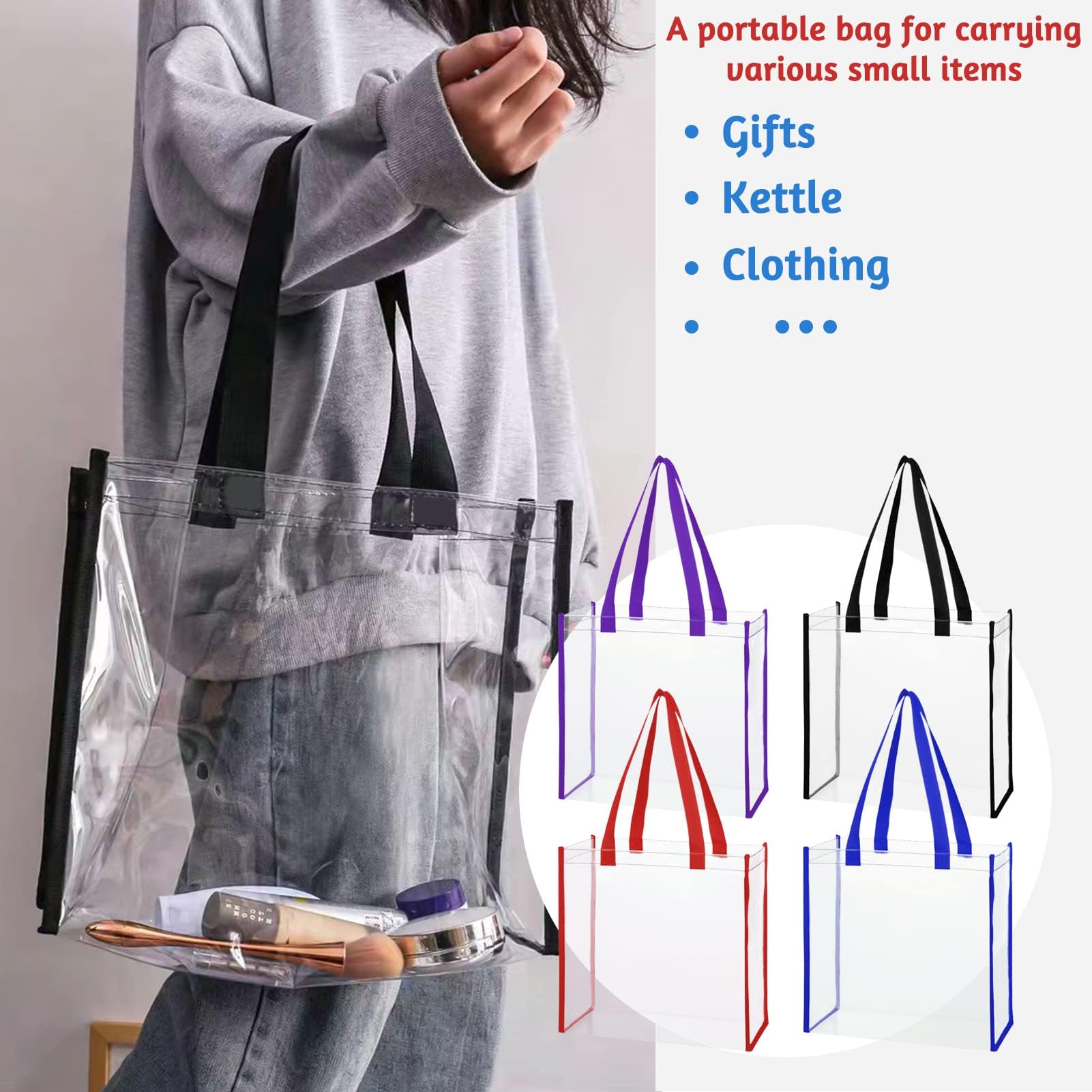 4 Stück Durchsichtige Tasche,Transparente Tragetasche Große,Transparent Umhängetasche Tragetasche, für Camping, Sport, Fitnessstudio, Männer, Frauen
