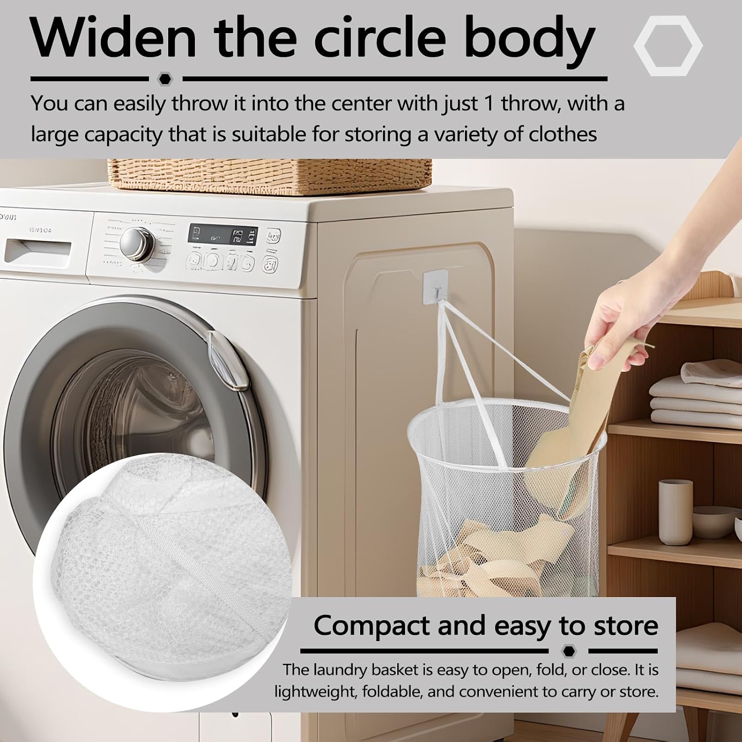 Huakaile 2 Pieces Foldable Mesh Laundry Basket, Hanging Pop up Laundry Hamper with Handles and Wide Opening, Round Foldable Clothes Hamper for Bathroom Bedroom Dorm Travel Storage, (White)
