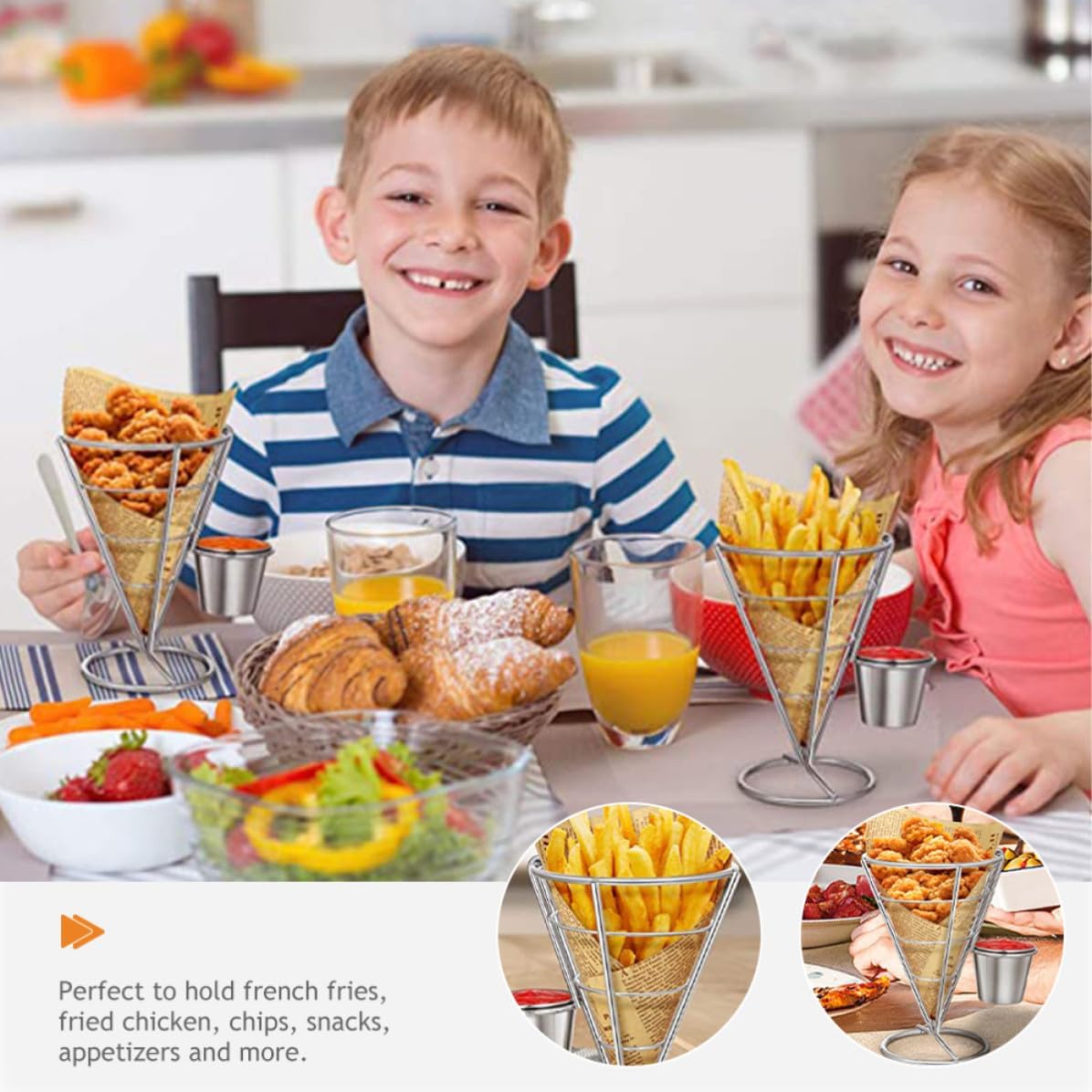 VICASKY 2pcs Stainless Steel French Fries Chips Basket with Sauce Dippers, Cone Shaped Fries Stand for Restaurant and Home Use, Practical and Beautifully Designed Appetizer Serving Basket