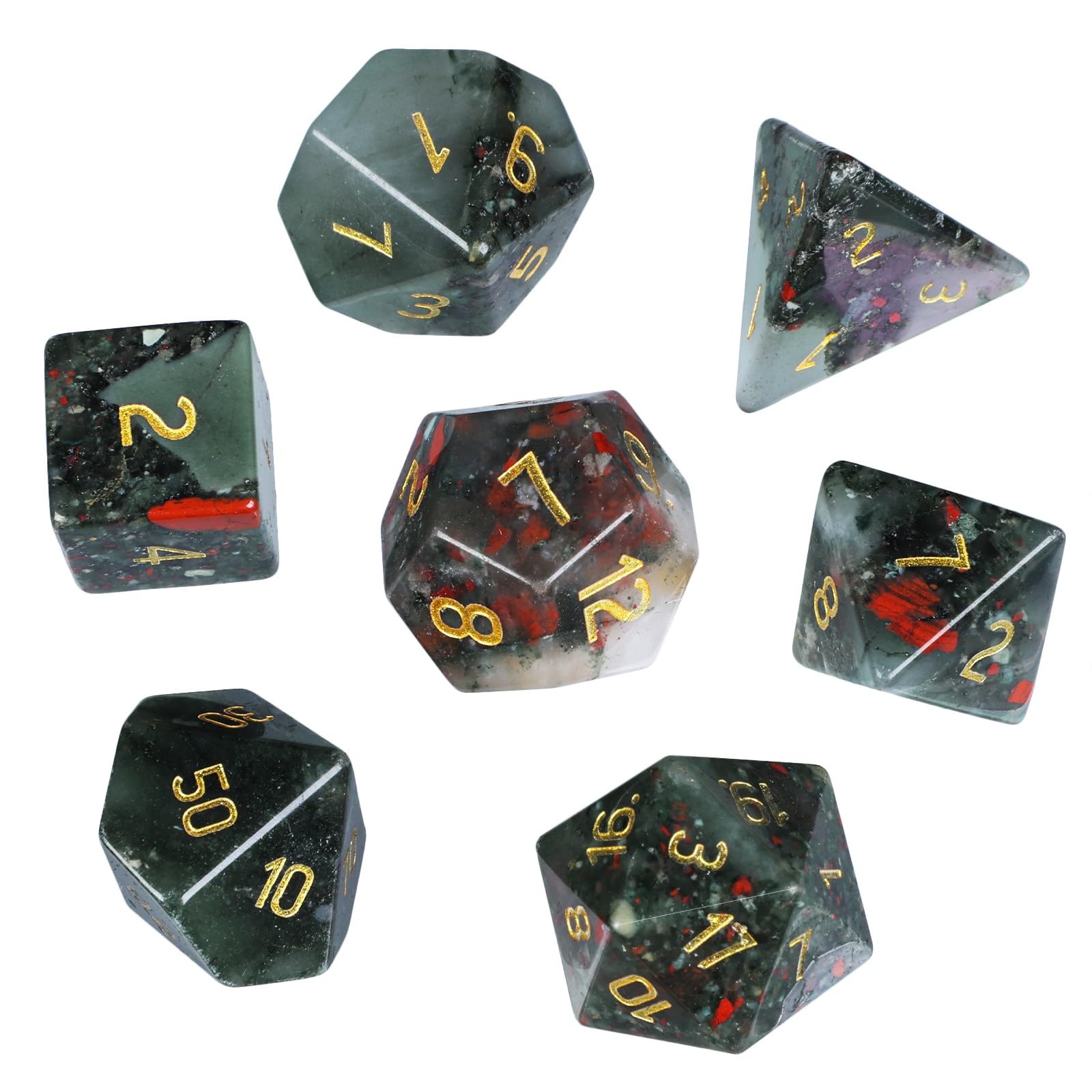dssmboom Set of 7 Africa Bloodstone Stone DND Polyhedral Dices with Box for RPG MTG Table Games, Healing Crystal Dices Set for Home Decor &Collection
