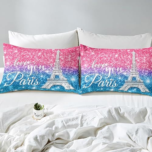 Miniatura 5 de Erosebridal Juego de cama de París con purpurina, funda de edredón de torre Eiffel para niñas, funda de edredón de diamantes brillantes coloridos,