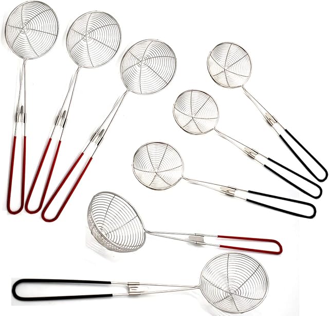 Yueser 8 Pack Stainless Steel Spider Strainer Skimmer Wire Skimmer Spoon with Silicone Handle Best for Kitchen Frying Food Pasta Hotpot Colander
