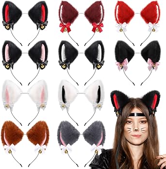 Tigeen 10 Pieces Halloween Faux Fur Cat Ears Headbands with Bells Bows Multicolor Cute Anime Cat Ears Headwear Plush Flexible Headpiece Hair Accessory for Women Cosplay Costume Party