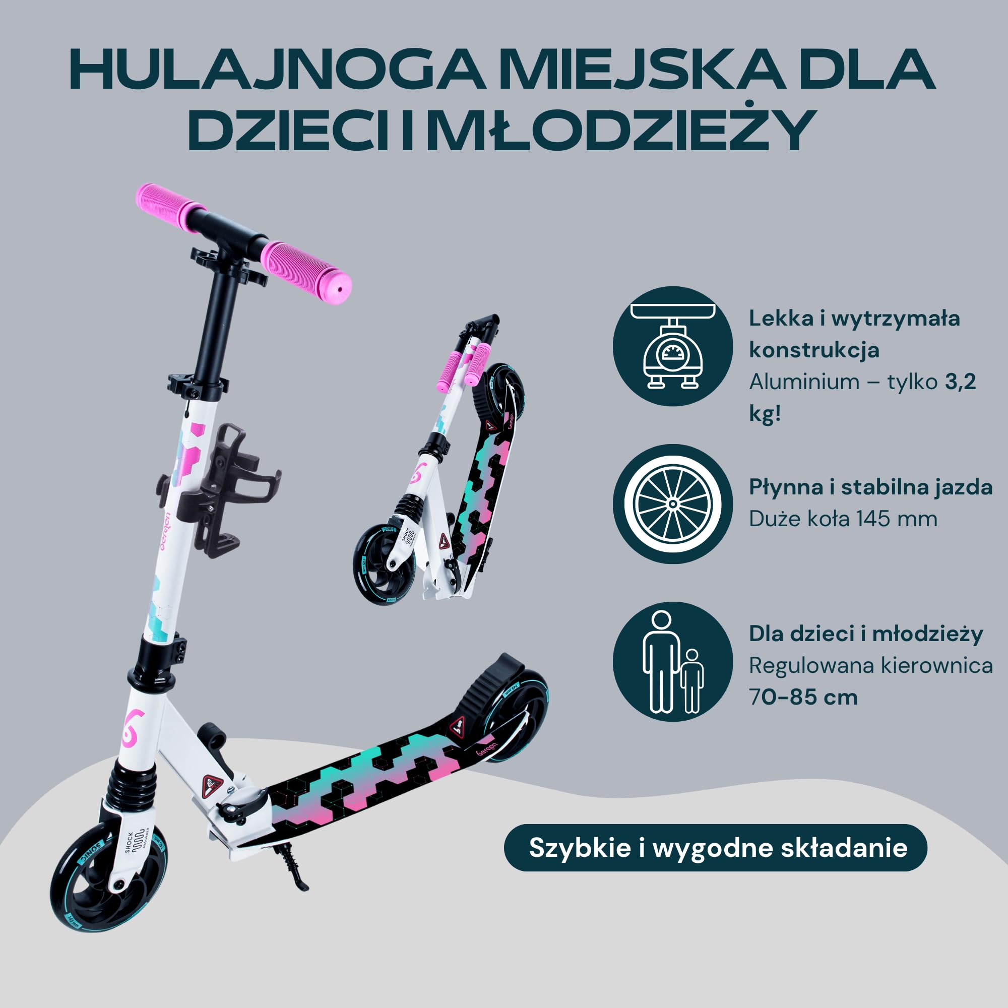 Bergen City Scooter hulajnoga Sonic – składana, aluminium, koła PU 145 mm, amortyzator, hamulec tylny, 3-stopniowa regulacja wysokości, od 5 lat, lekka, zapasowa folia ochronna
