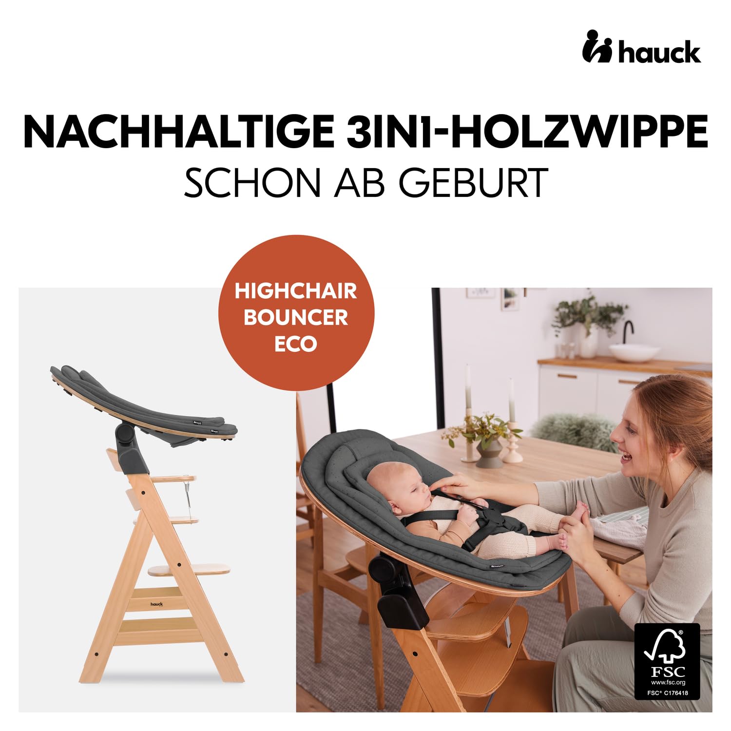 hauck Holz Babywippe & Hochstuhlaufsatz, Highchair Bouncer Eco Deep Grey | Ergonomischer 3in1 Neugeborenenaufsatz für Alpha+ & Beta+ hauck Hochstuhl ab Geburt bis 15 kg, 5-Punkt-Gurt, Baumwollbezug