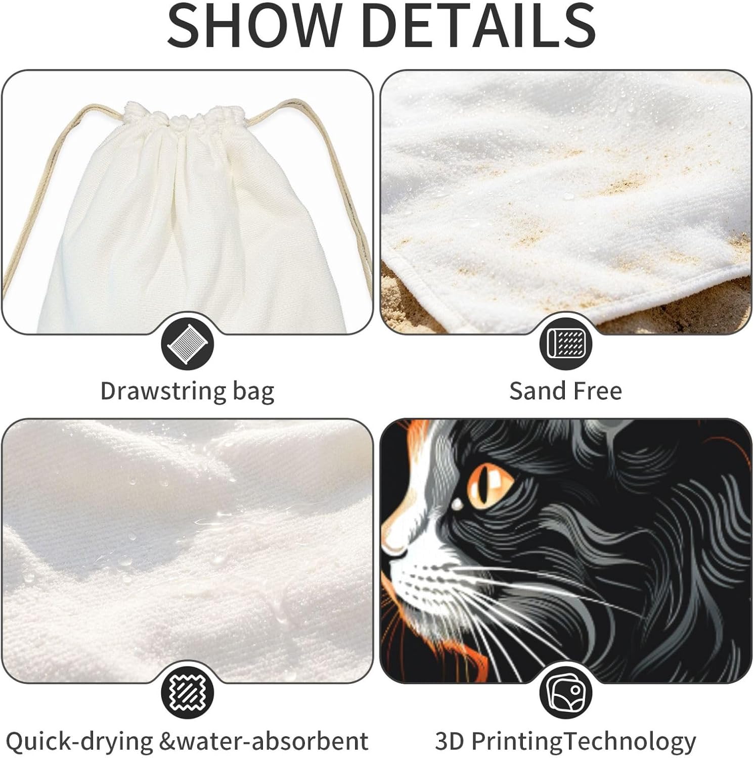 2 in 1 Packable Towel Bag,Soft Absorbent Pool Towels Backpack Quick Dry Lightweight Beach Towels Light and Cat Drawstring Bag for Travel Camping Sports Picnic image 4