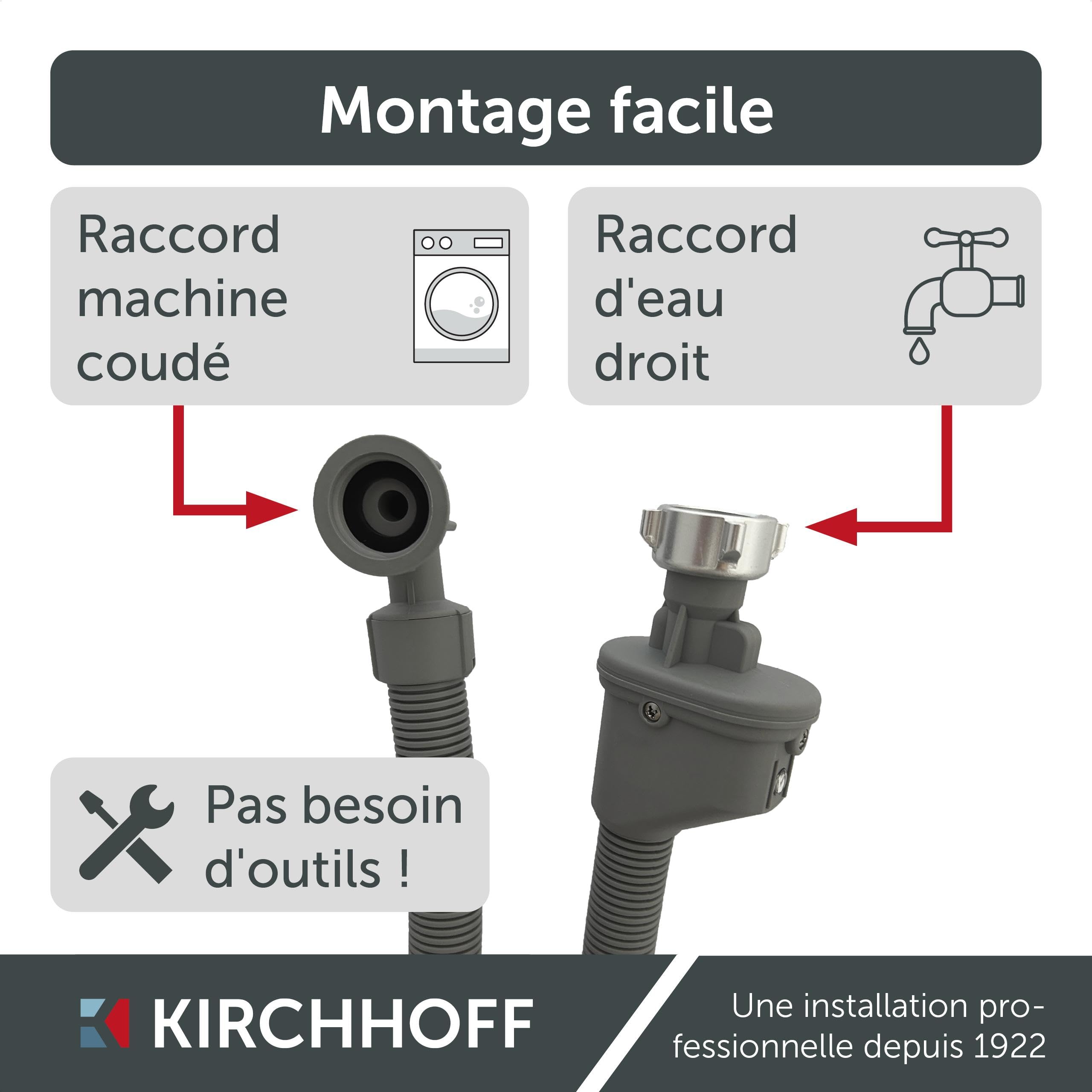 KIRCHHOFF 98657230 Tuyau d'alimentation pour machine à laver ou lave-vaisselle 2,5 m avec filetage intérieur 3/4" x 3/4" pour machine à laver ou lave-vaisselle, tuyau d'eau avec Aquastop
