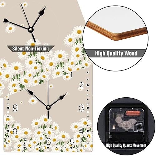Miniatura 3 de Reloj de pared cuadrado de madera de estilo rústico con margaritas blancas con números arábigos, funciona con pilas, reloj silencioso sin tictac