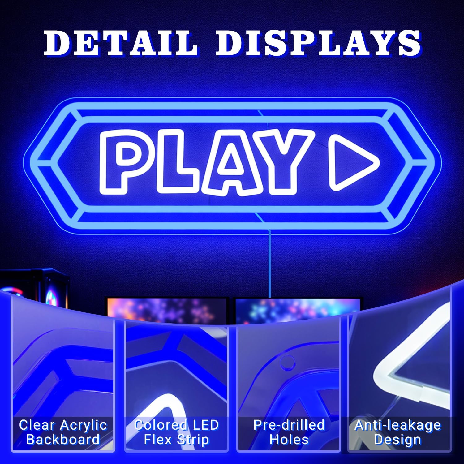 Play Neon Sign for Wall Decor, LED Play Button Light, USB Powered Dimmable Accent for Game Room, Bedroom, Gaming Setup, Gamer Gift