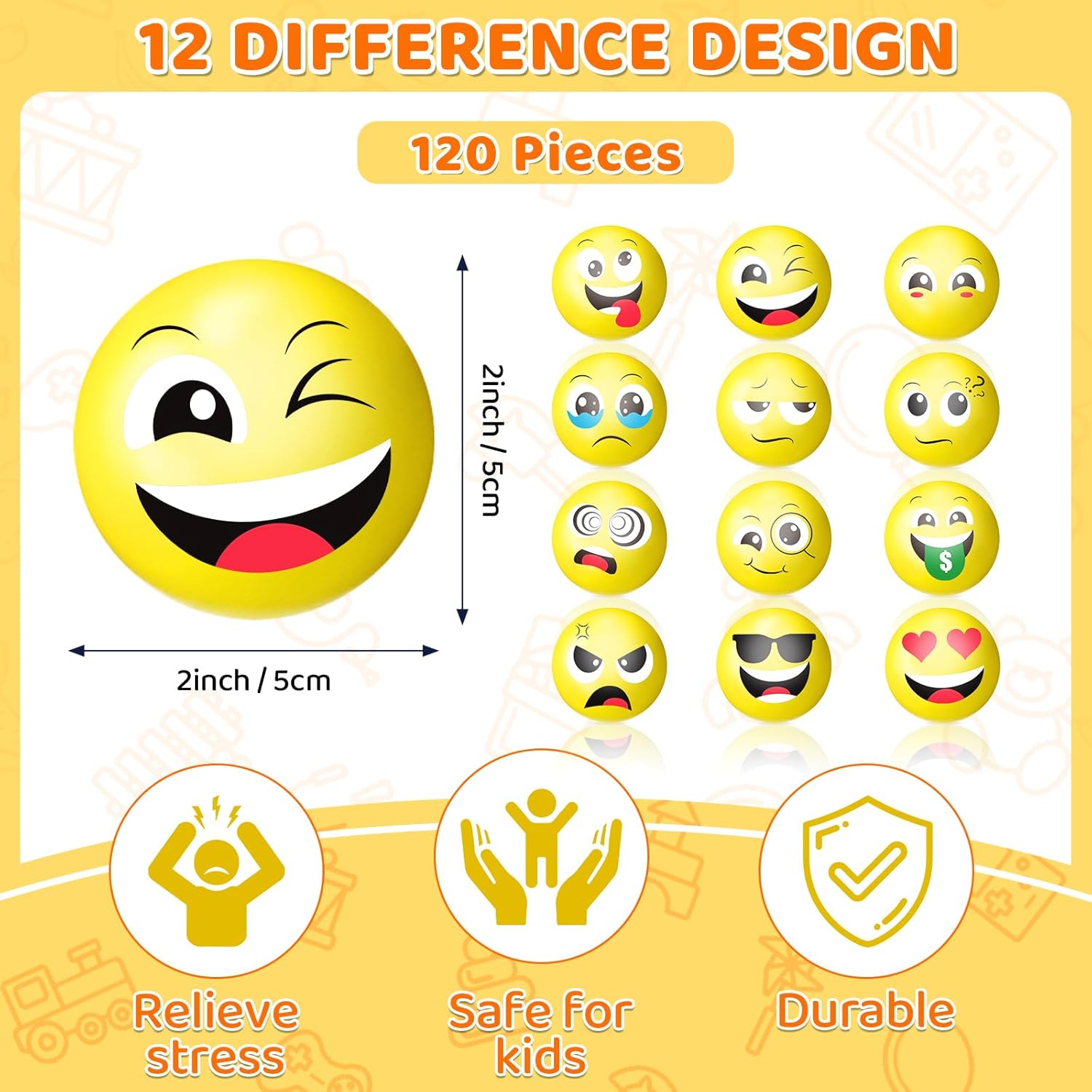 Libima 120pcs Mini Face Stress Balls Bulk 2 Inch Foam Face Squeeze Balls Small Funny Anxiety Relief Toy for Kid Adult School Gift Class Prizes Party Decoration Supplies (Yellow)