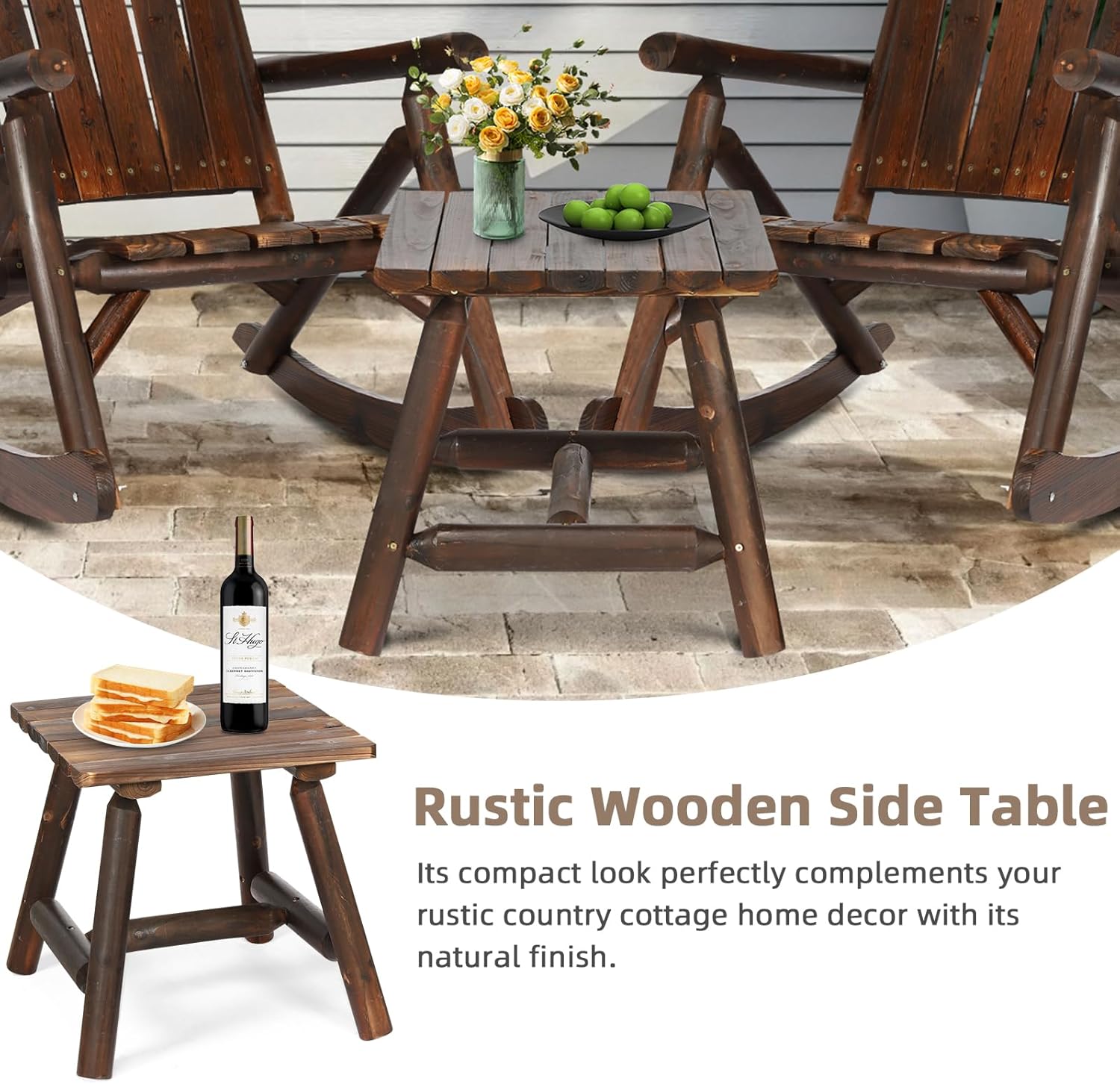 Outdoor Adirondack Log Side Table, 19.5" Thick Wooden Patio Square End Table with Slatted Tabletop, Solid Wood Rustic Accent Table for Indoor & Garden Deck Porch Balcony Backyard, Carbonized