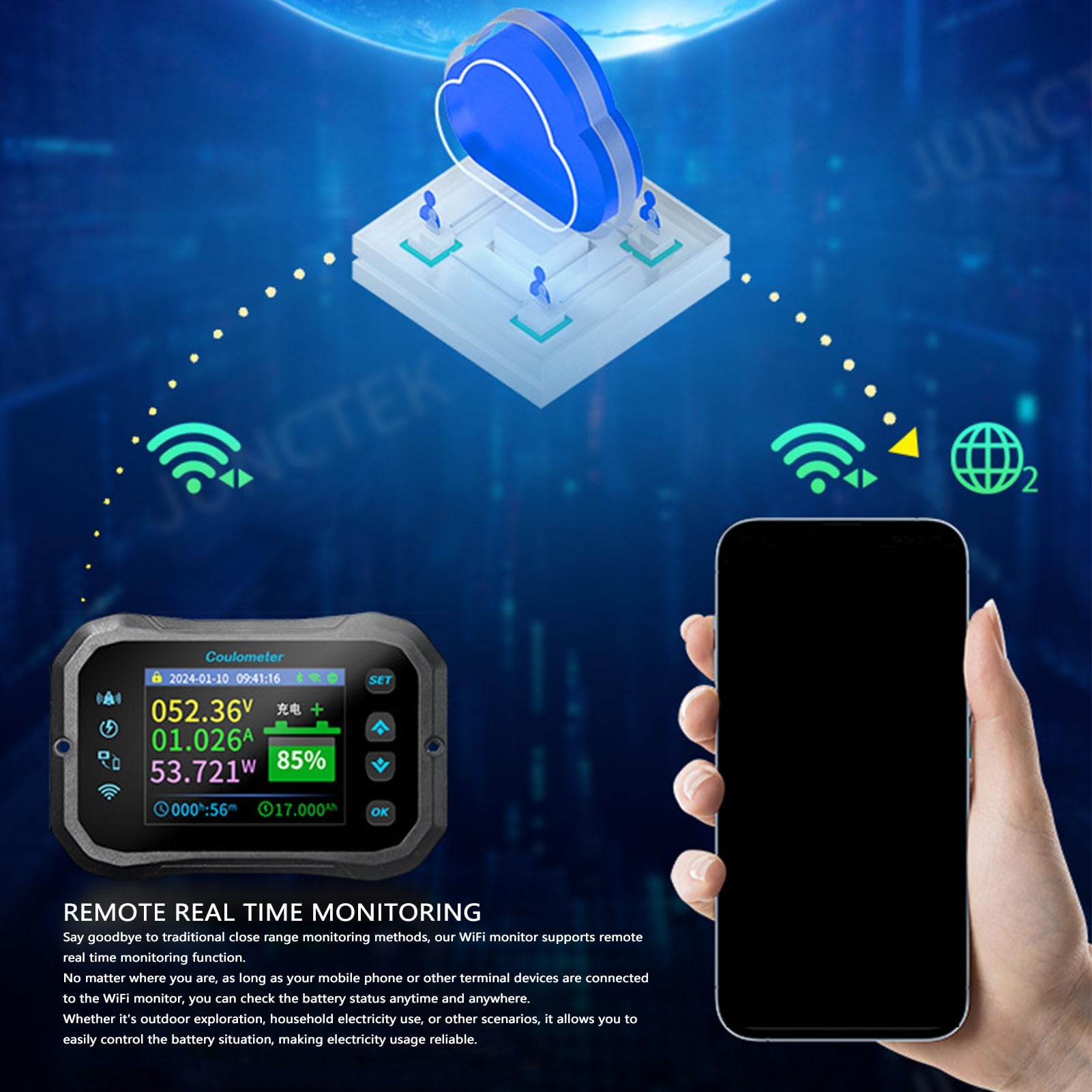 Monitor de Batería WiFi con Derivación, 10-100V 0-50A Detección Bidireccional Medidor de Batería Remoto Bluetooth Cable Blindado, Alarma Programable de Alto y bajo Voltaje para