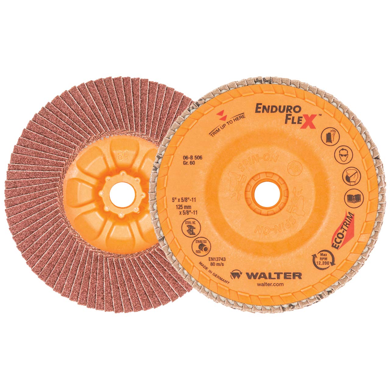 Walter 06B506 5x5/8-11 Enduro-Flex Spin-On Flap Discs with Eco-Trim Backing 60 Grit Type 27S, 10 Pack