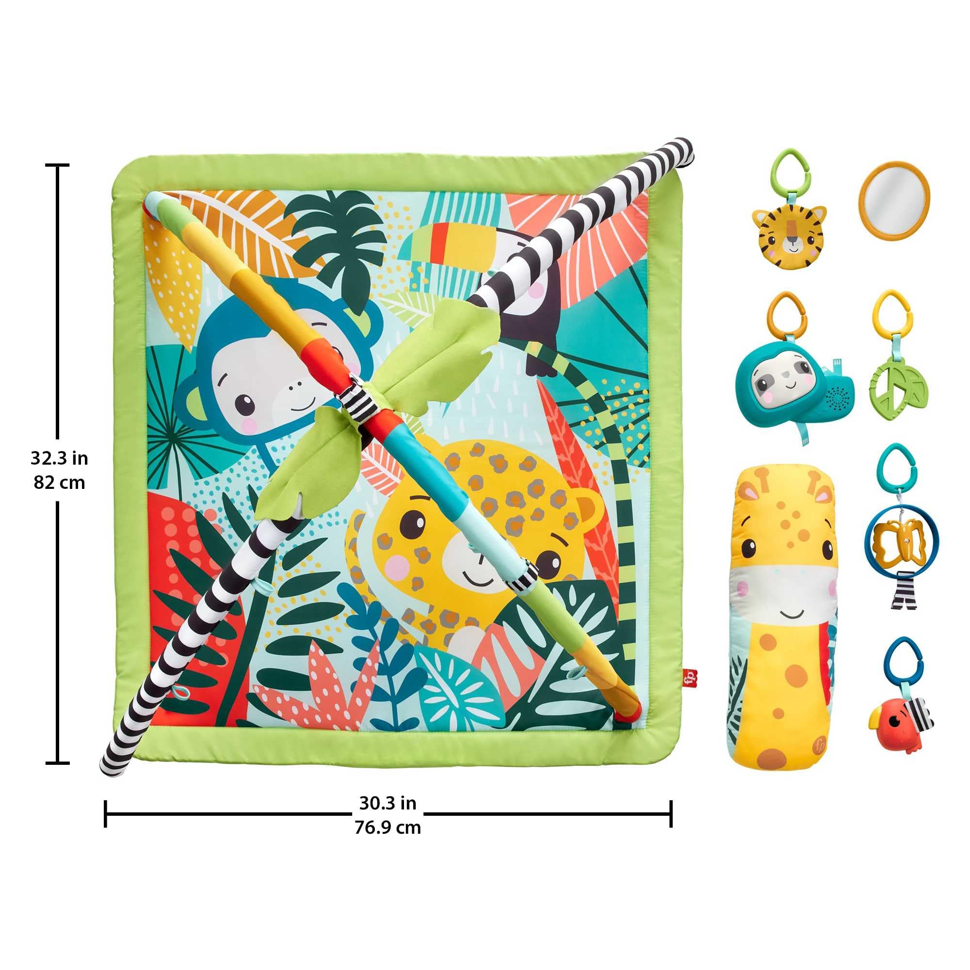 Fisher-Price Tapis de Jeu 3-en-1 sur Le thème de la Jungle, pour Jouer sur Le Ventre, avec 6 Jouets sensoriels Lumineux et sonores et Arche Ajustable, Jouet Éveil, Dès 6 Mois, HJW08