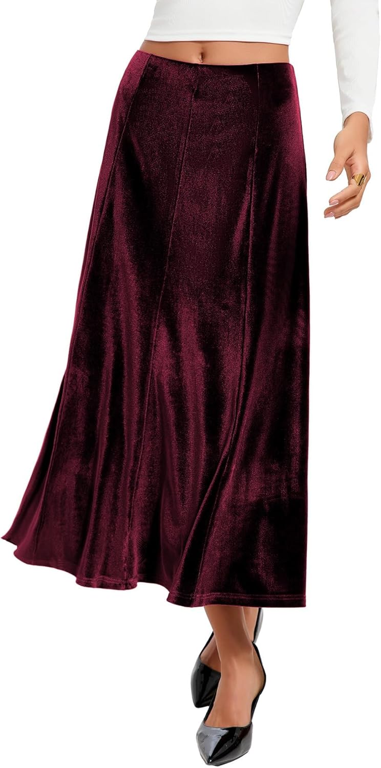 Urban CoCo Women's Elegant Vintage Velvet Long Midi Skirt High Waist A-Line Skirts 2025 Fall Winter - Image 3