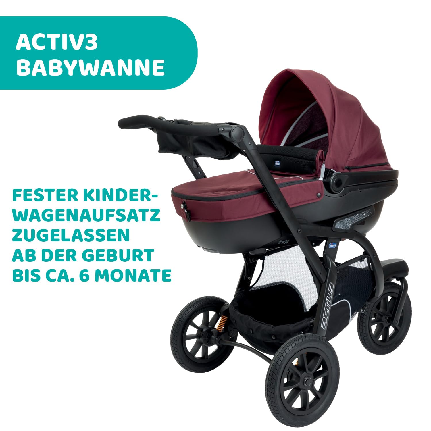 Chicco Nacelle Activ3, grande nacelle rembourrée pour poussette Activ3, avec système de ventilation, dossier inclinable, pour les premiers jours de vie de bébé, Burgundy Powder