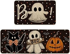 Artoid Mode Bats Black Cats Boo Pumpkin Halloween Kitchen Mats Set of 2, Home Decor Low-Profile Kitchen Rugs for Floor - 17x29 and 17x47 Inch