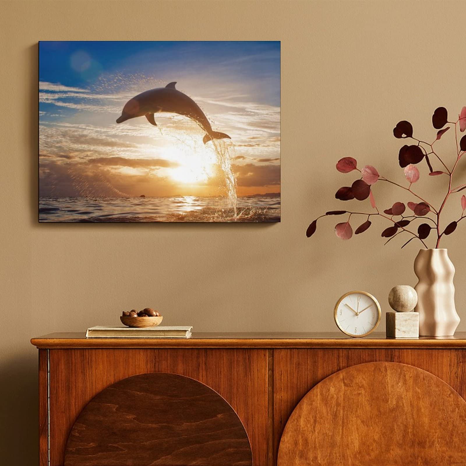 【 YELL〜エール 】しずく柄 虹アート F8号サイズ キャンバスアート原画 イルカが跳ねる夕焼けの絵画F8キャンバス原画