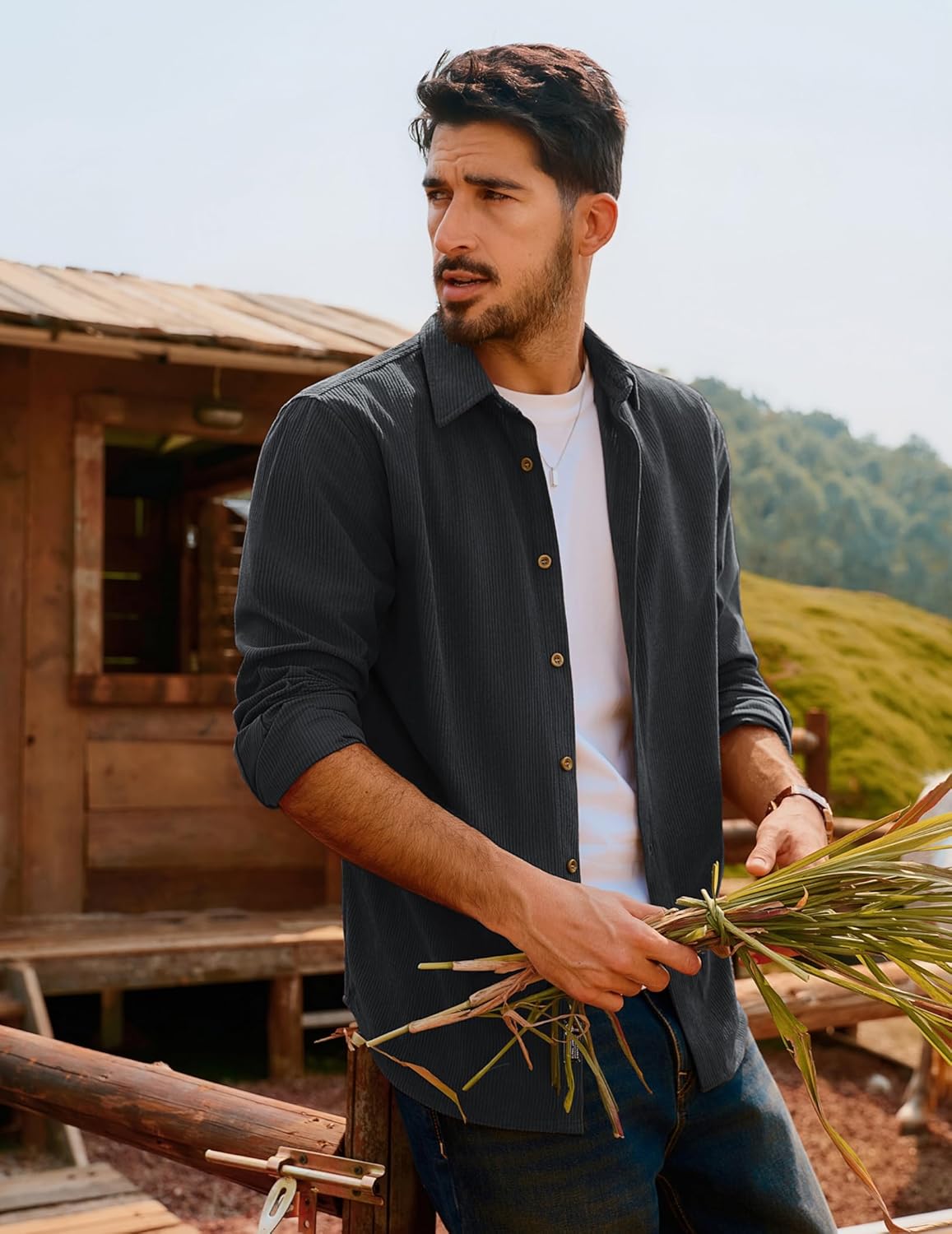 PJ PAUL JONES Mens Corduroy Button Down Shirt Jacket Casual Long Sleeve Shacket Lightweight Textured Untucked Shirts - Image 3