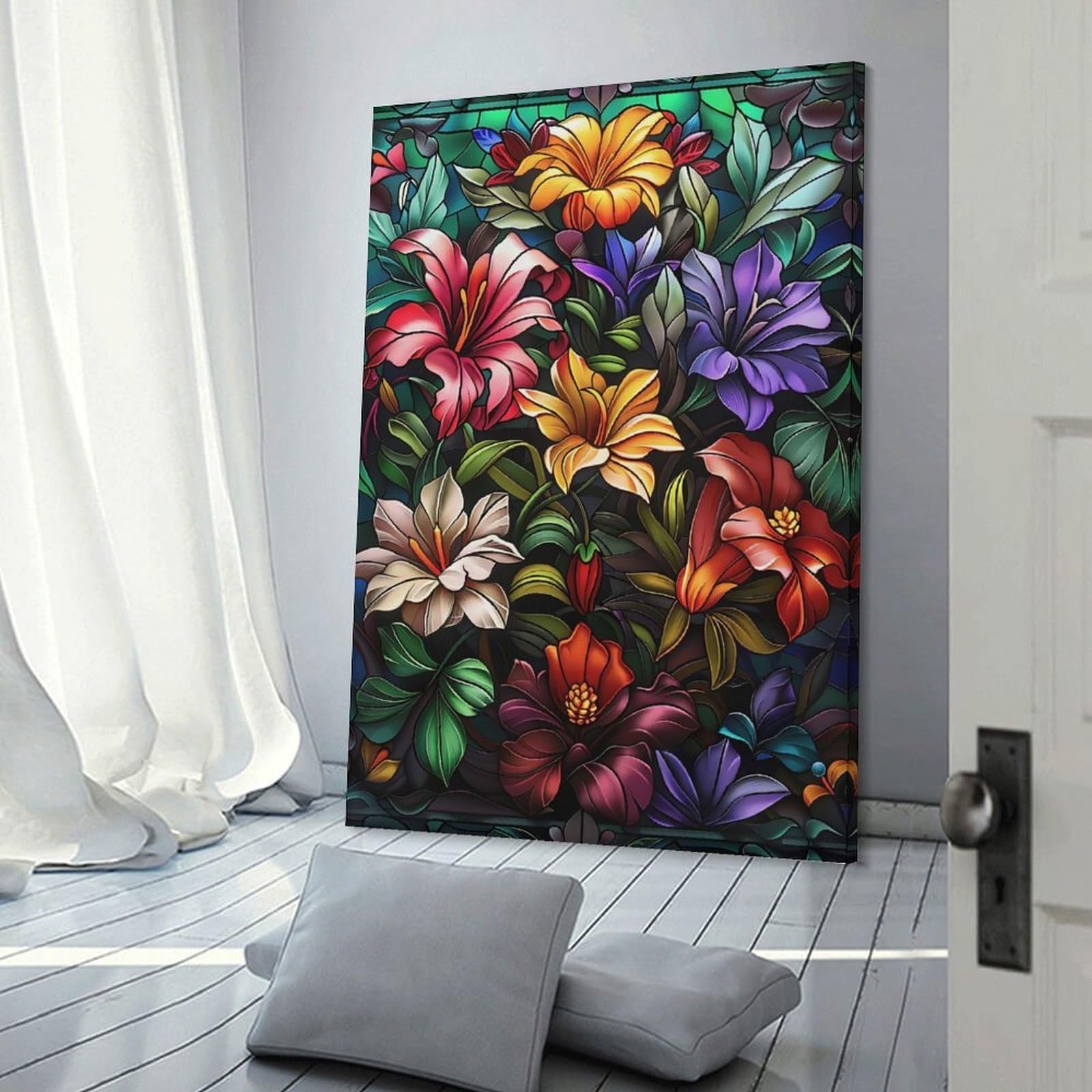 Junmoney Stained Glass Floral Arrangement Home Decor Wall Art 16x24inch(40x60cm), for Office, Study Or Home Workspace, Home Office Artwork with Decorative Appeal