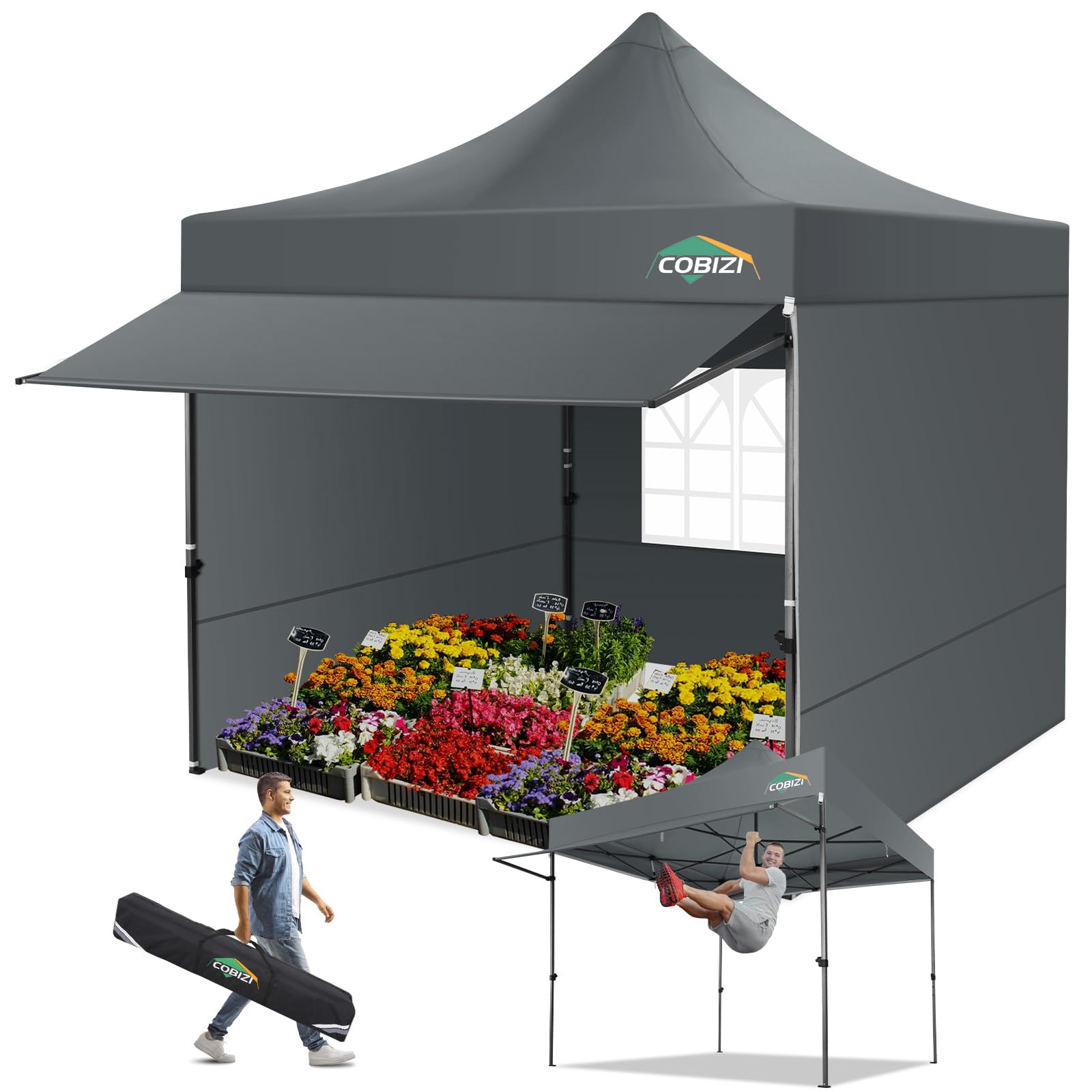 COBIZI - Tienda con Dosel Pop-up de 3 x 3 m con toldo y Paredes Laterales, Carpas comerciales de 3 x 3 m, Impermeable instantánea, Parasol UPF 50+, para Exteriores, Fiestas, mercados (Gris)